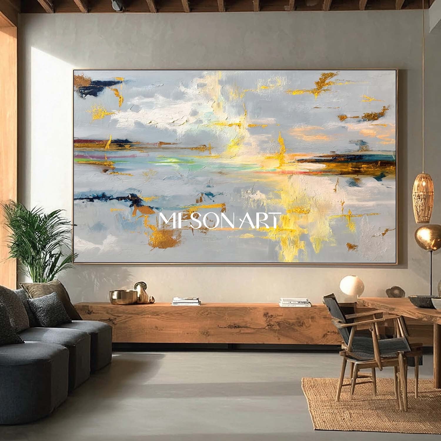 Gray Gold Abstract Oversized Painting Horizontal Living Room Art Decor