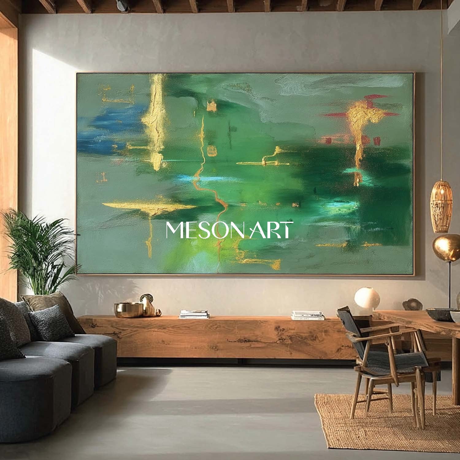 Emerald Green Abstract Canvas Art with Gold Texture Contemporary Style