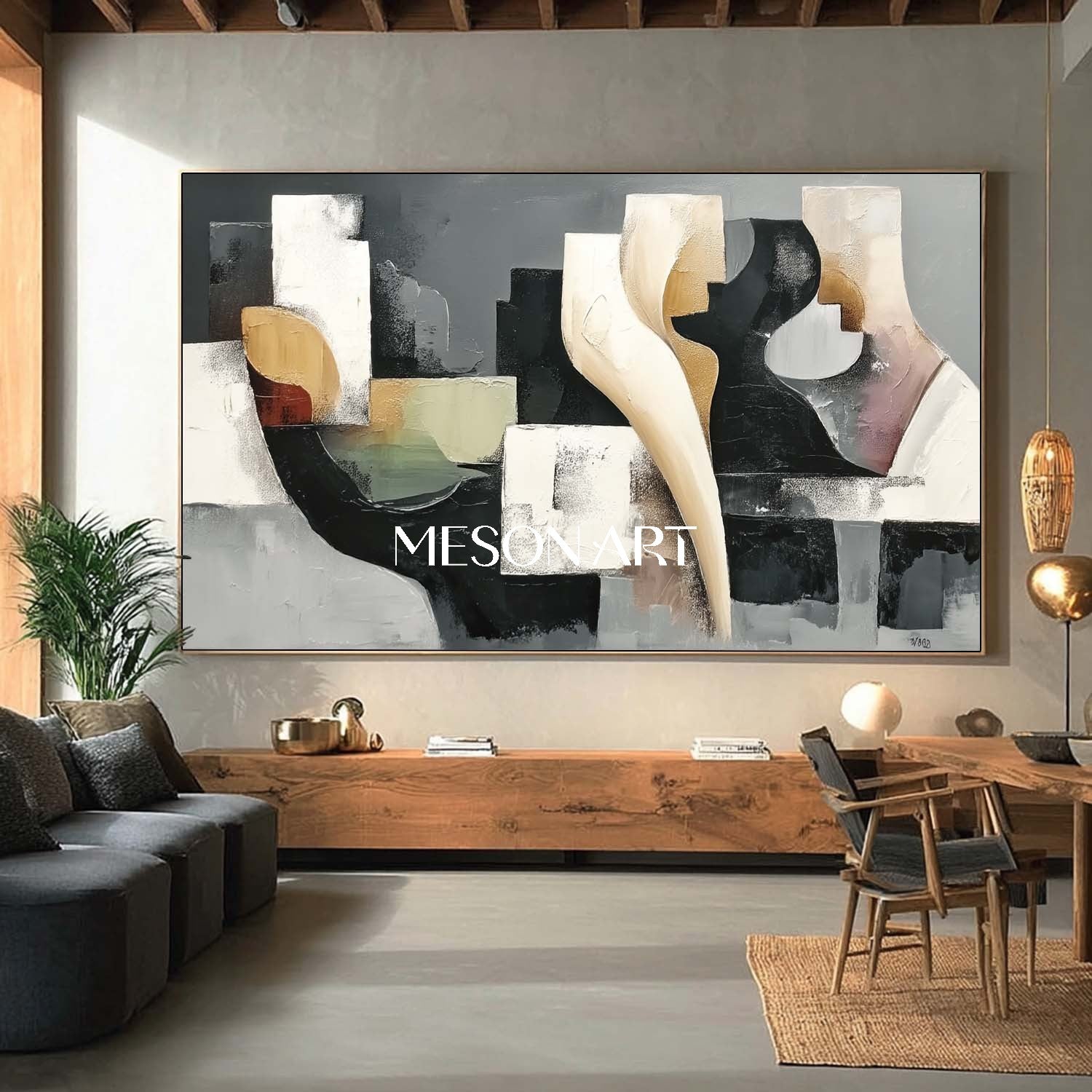 Black White Abstract Geometric Oil Painting Modern Textured Canvas Art