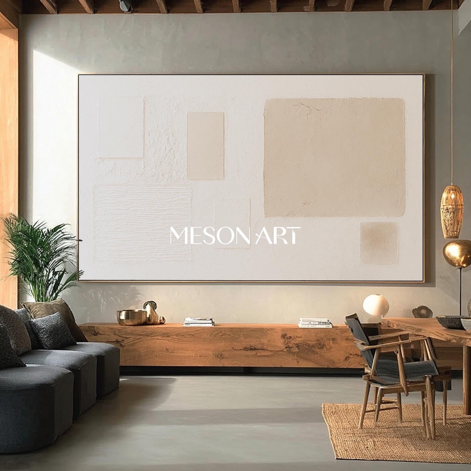 Cream Abstract Geometric Framed Canvas Oversized Bedroom Decor Shop Now