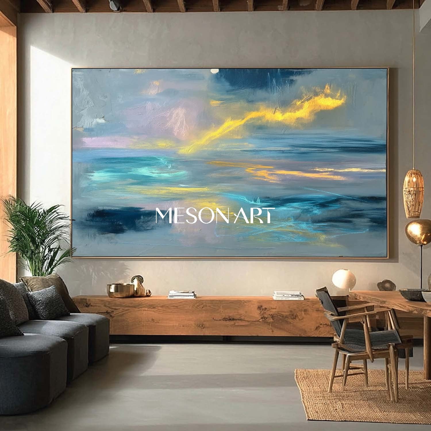 Gray Blue Abstract Oil Painting Large Coastal Style Wall Art Decor