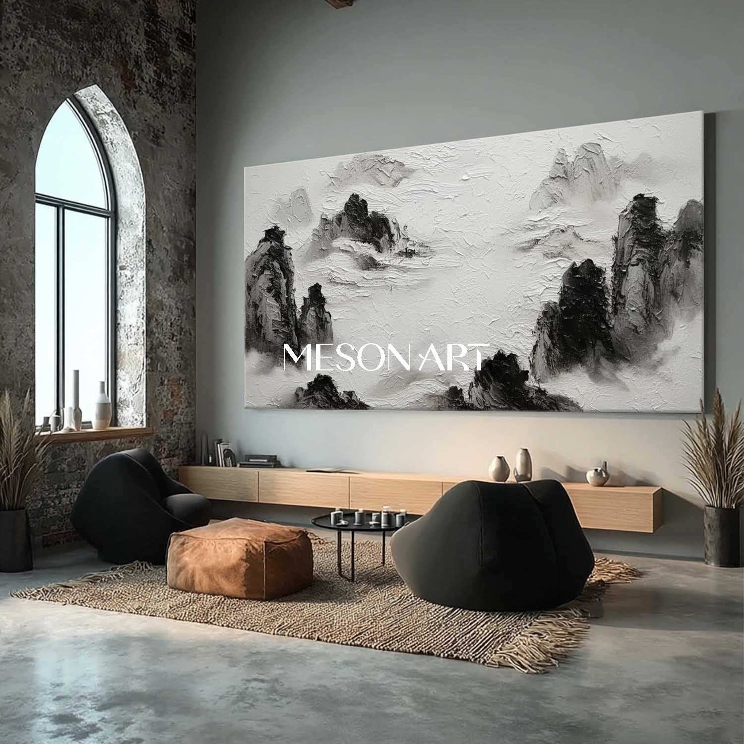 Large White Black Landscape 3D Textured Mountain Canvas Living Room