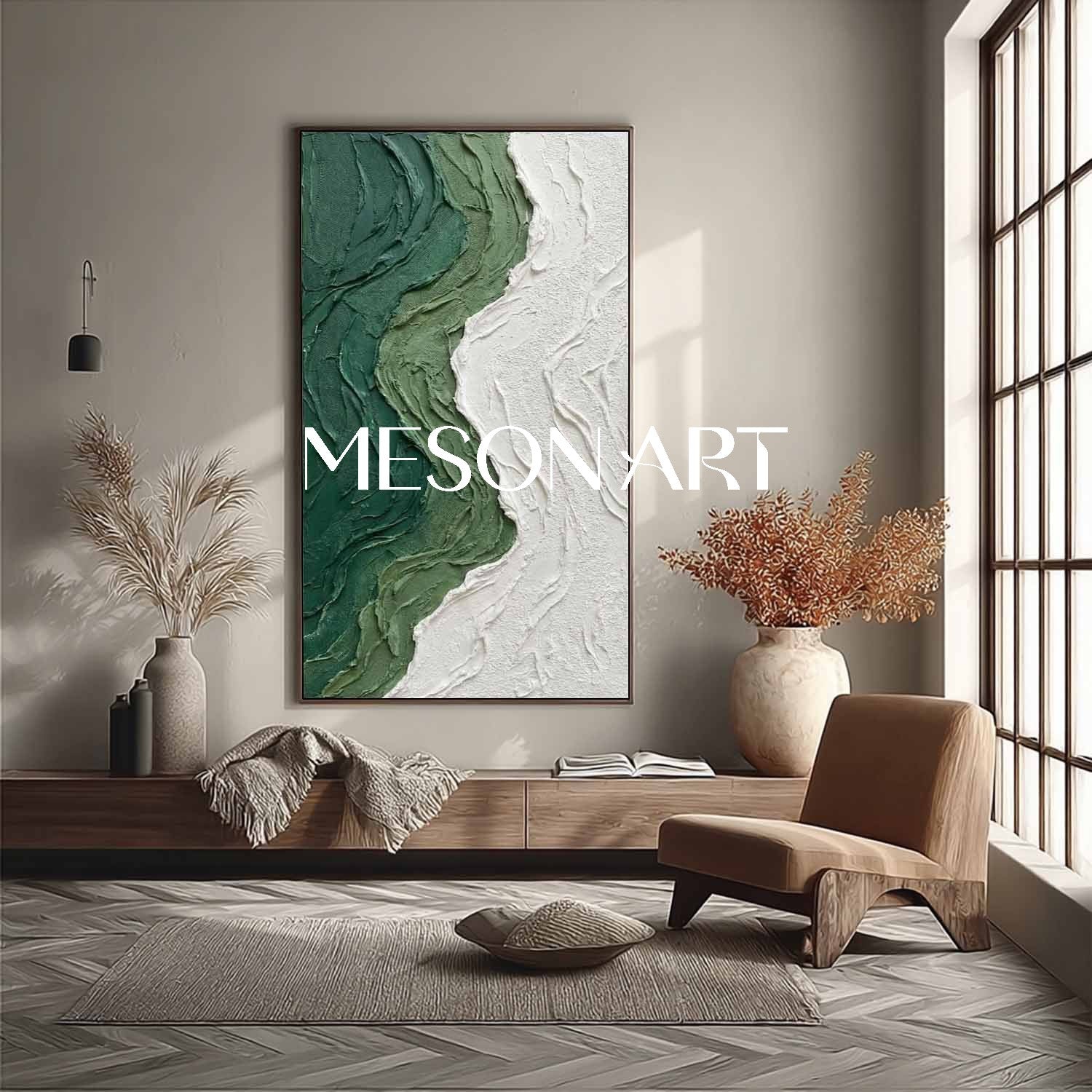 Dark Green Wall Art Heavy Texture Painting Minimalist Green Interior Decor