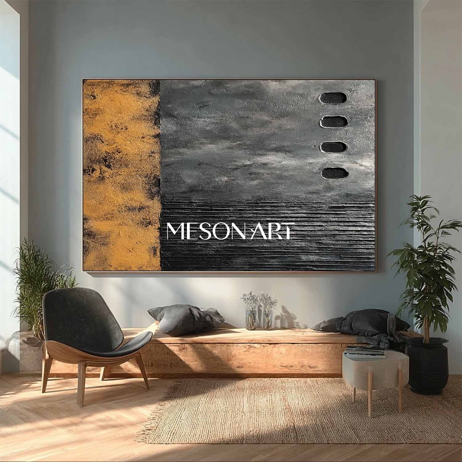 Large Hand-Painted Wabi-Sabi Black Abstract Art Canvas Living Room