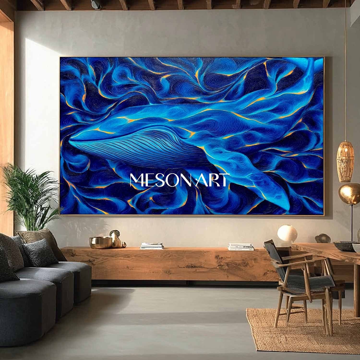 Blue Whale Ocean Canvas Abstract Energy Painting Large Wall Art Decor