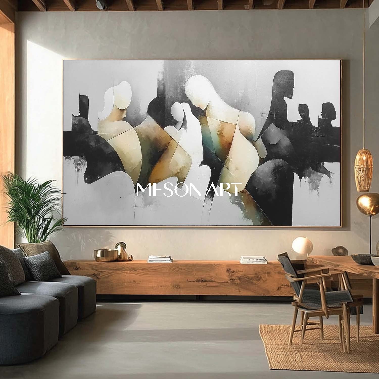 Oversized Framed Abstract Art Canvas Black White Painting Living Room