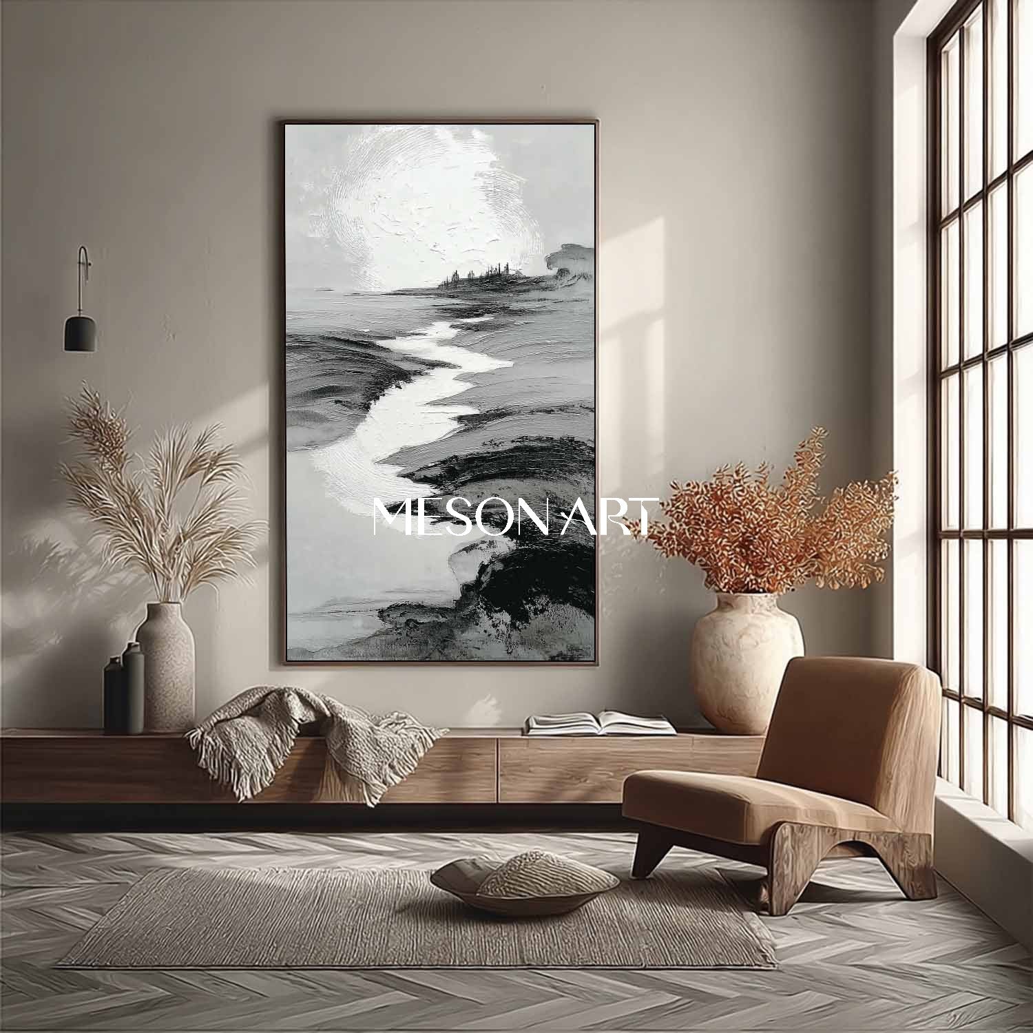 Wabi Sabi Inspired Black Textured Landscape Modern Hallway Wall Art