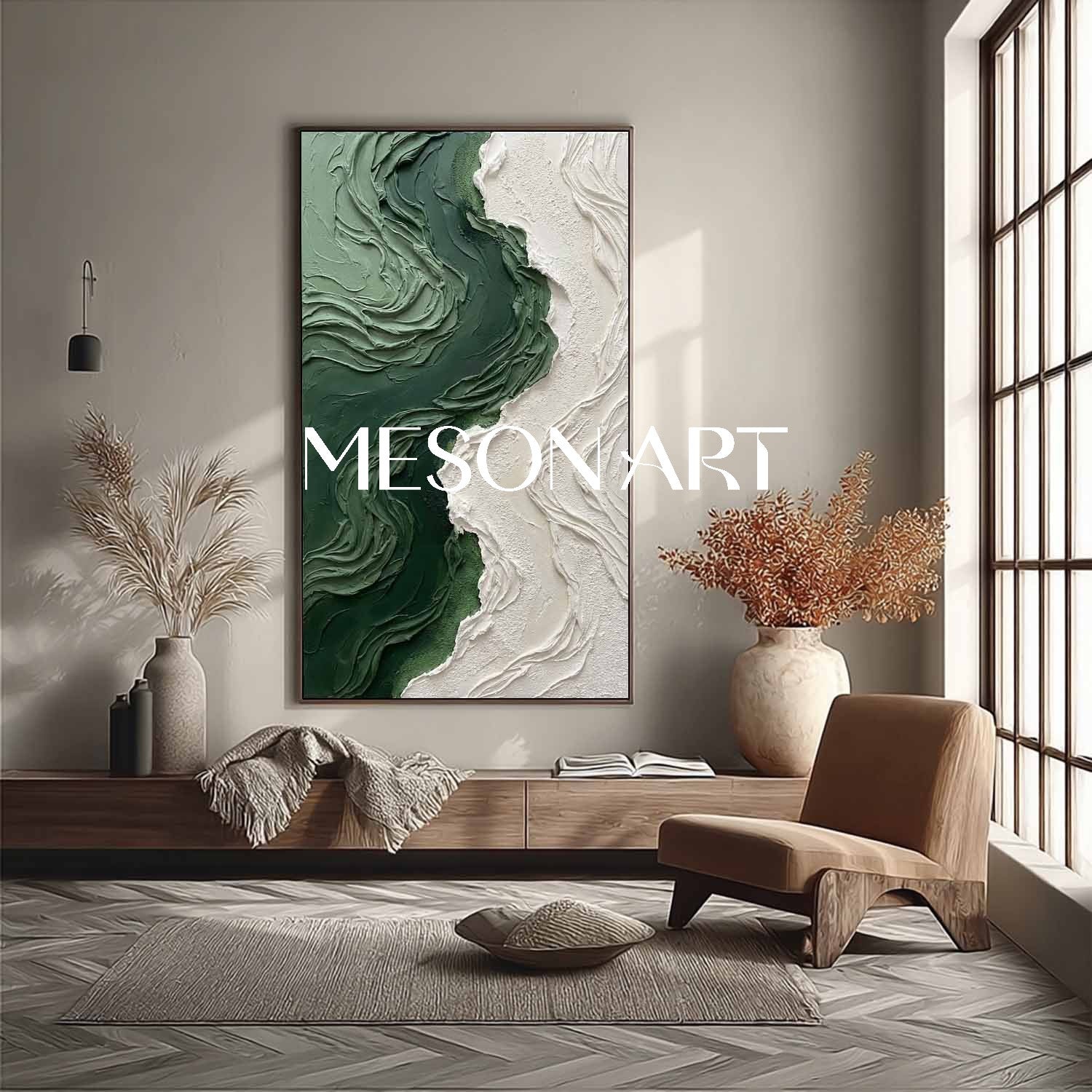 Large Green Wave Wall Art For Living Room Abstract Textured Painting Of A Green Beach