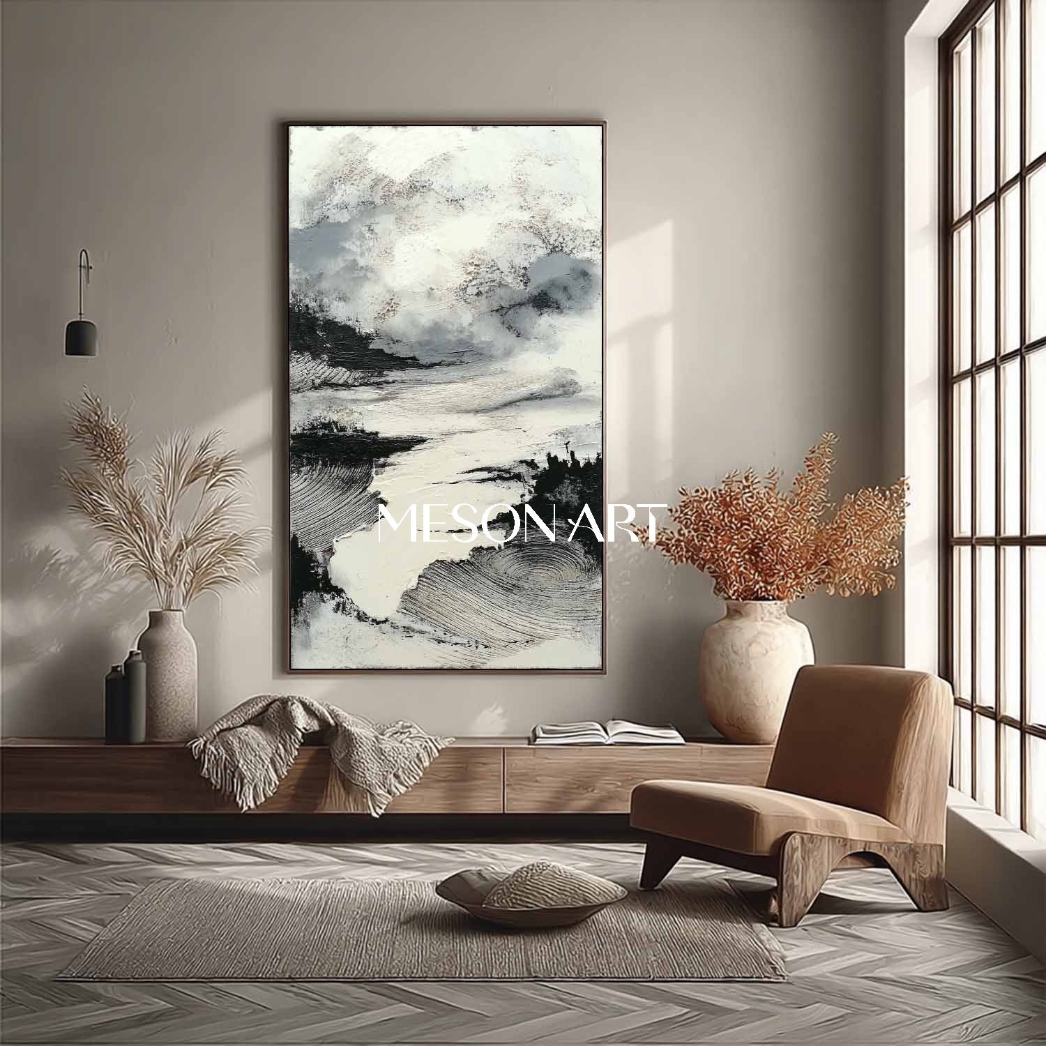 Modern Wabi Sabi Wall Art Vertical Black Textured Painting Enterway