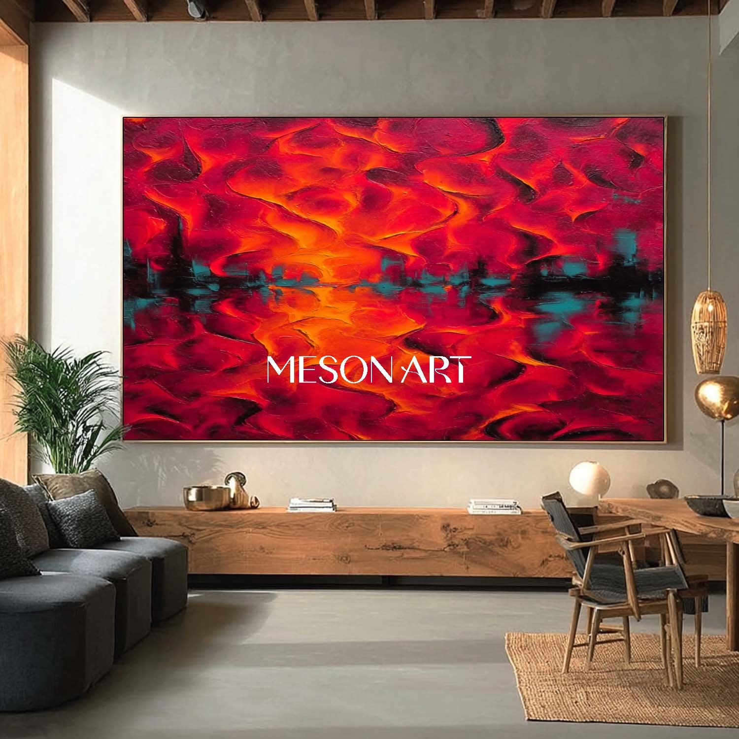Big Fiery Abstract Expressionist Oil Painting Large Red Wall Art Decor