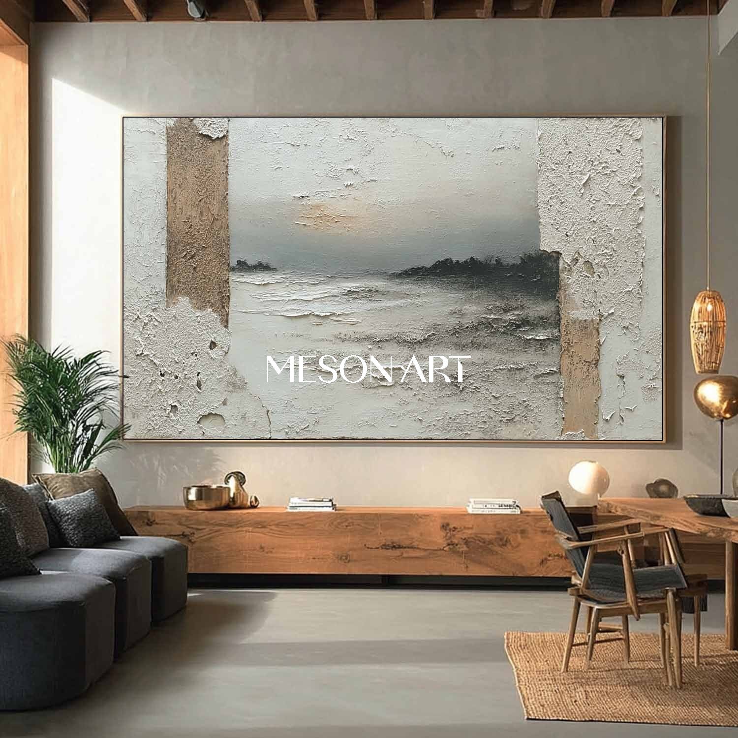 Large Gray Minimalist Landscape Painting Wabi-Sabi Textured Wall Art