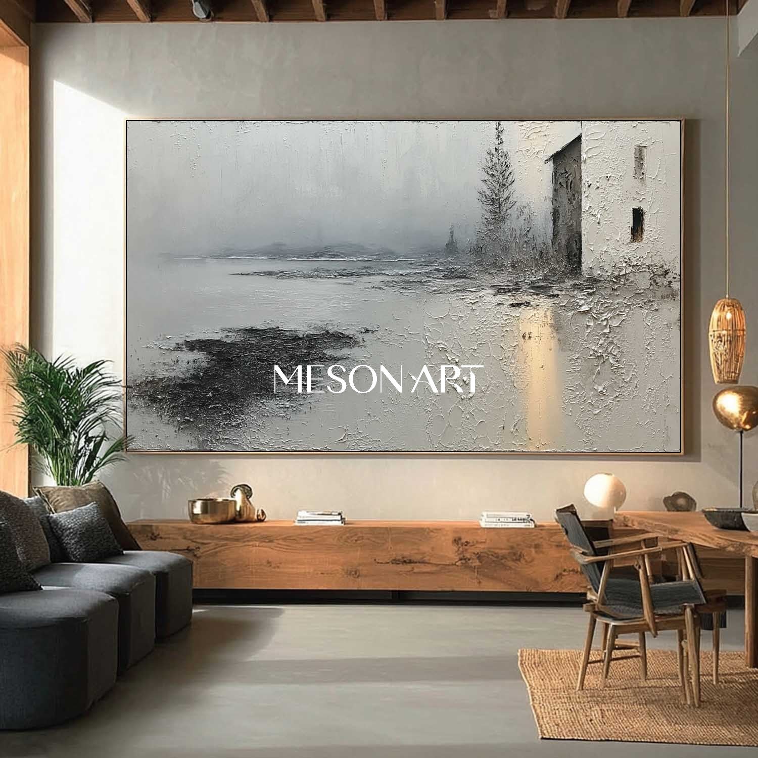 Large Grey Minimalist Landscape Oil Painting Grey Minimalist Wall Art