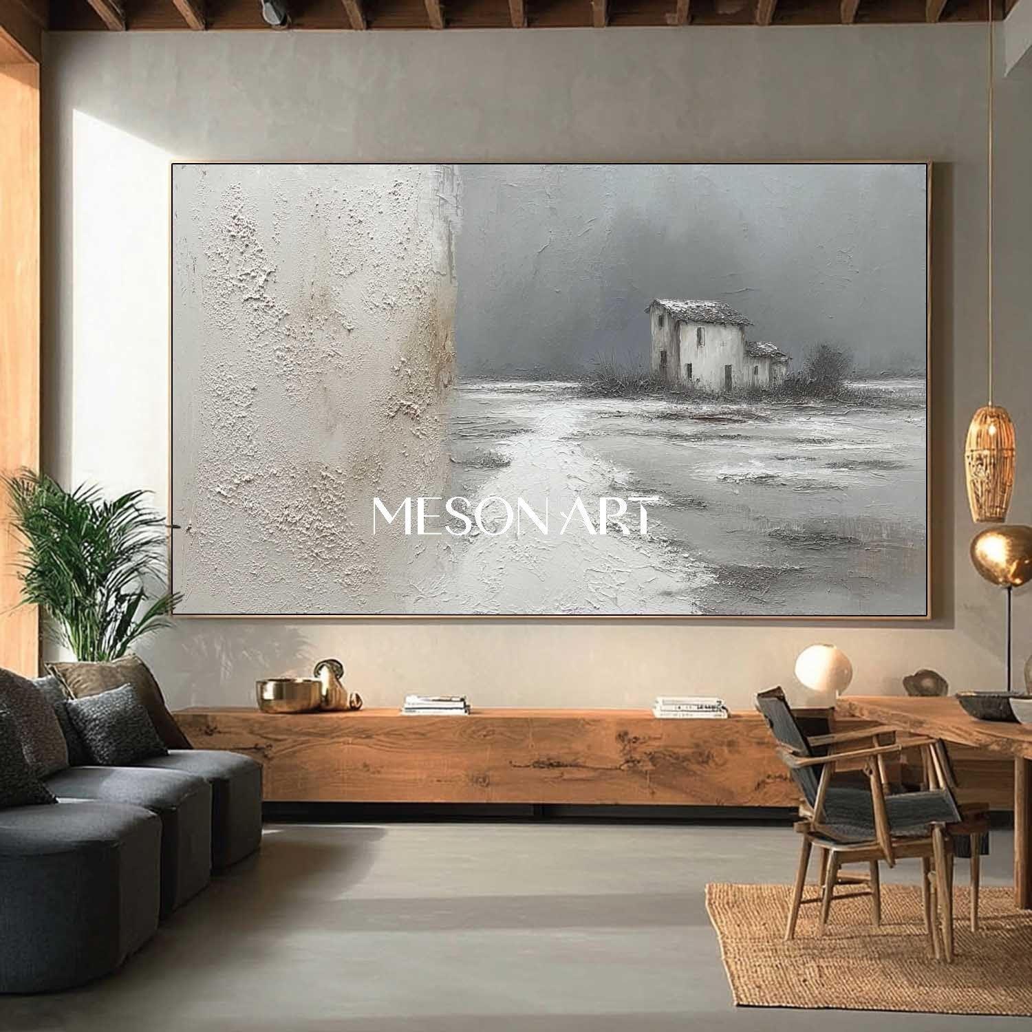 Large 3D Gray Minimalist Landscape Texture Painting Abstract Wall Art