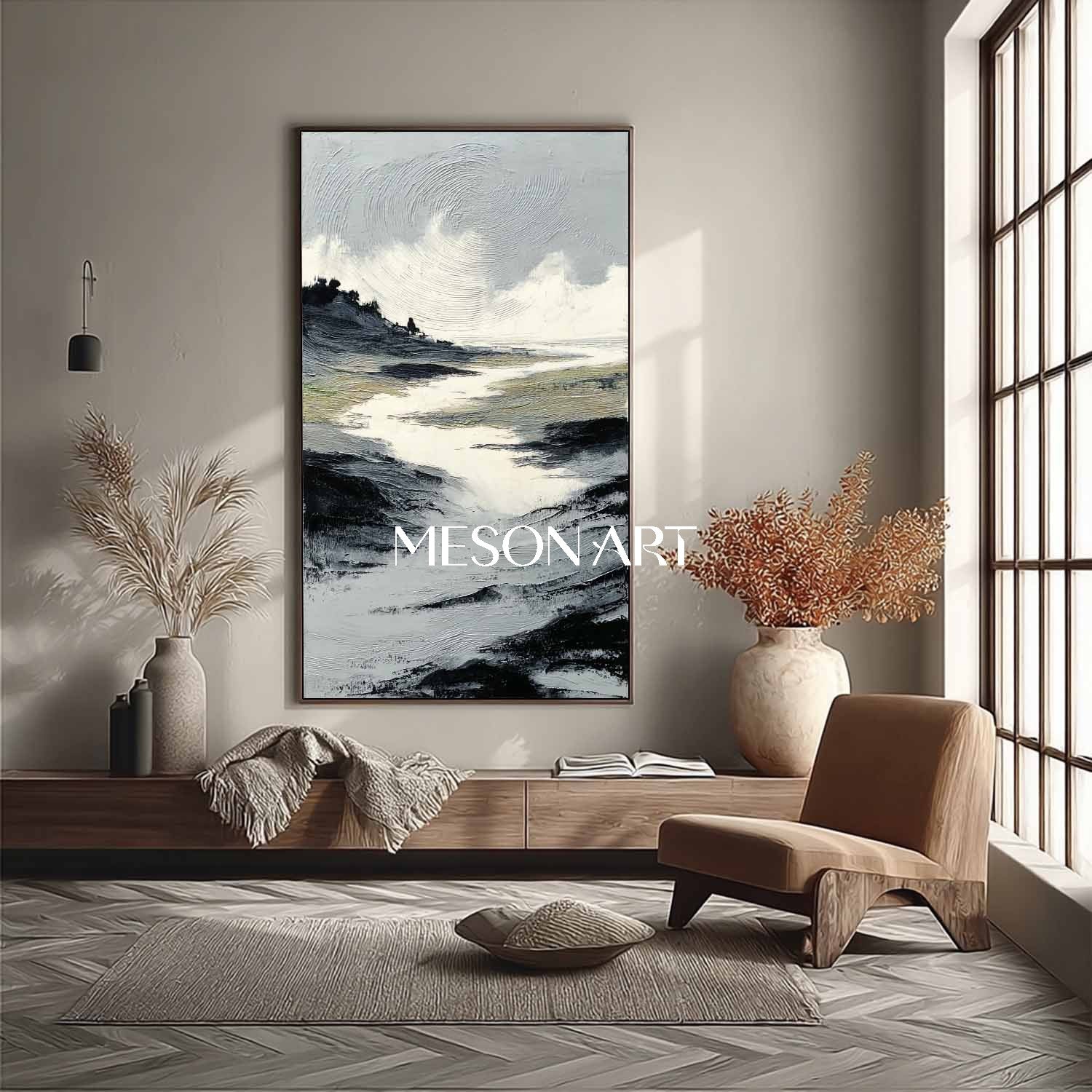 Modern Impasto Landscape Painting Neutral Mountain Texture Artwork