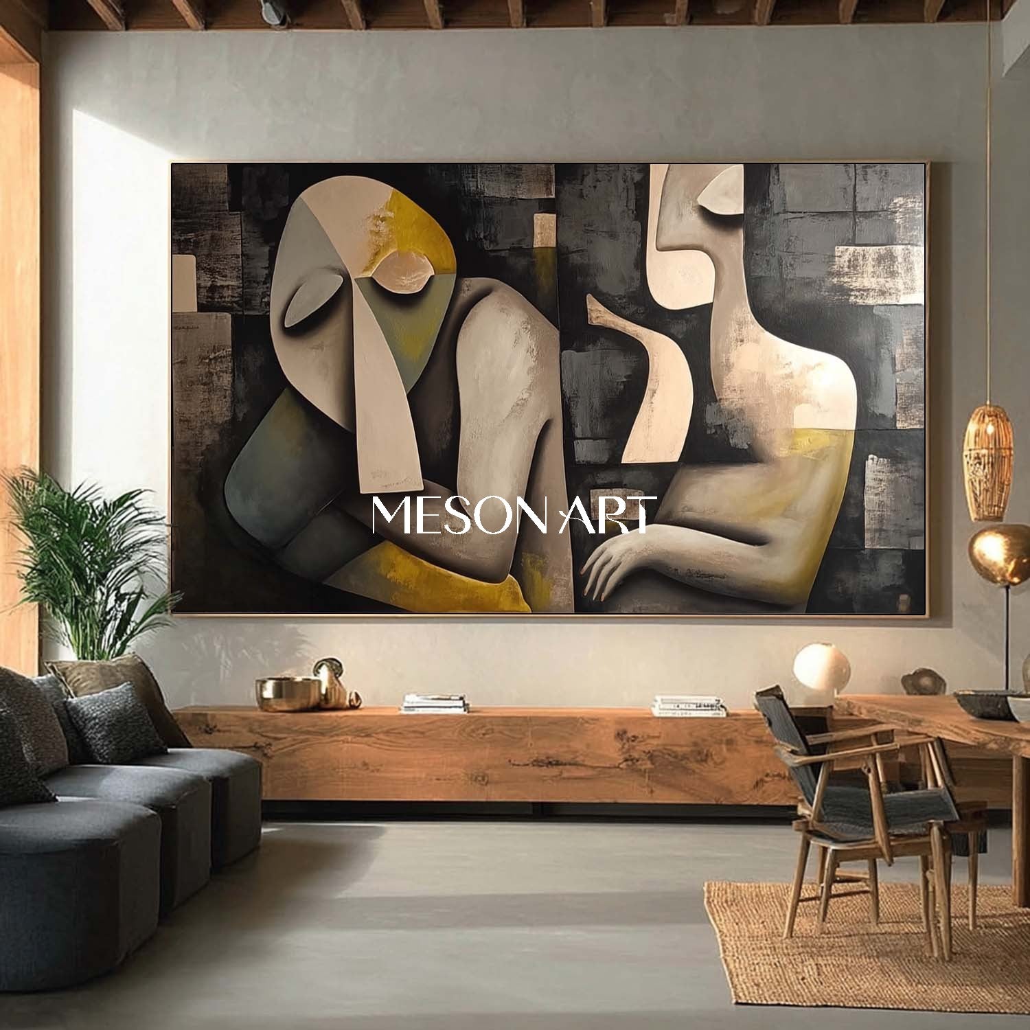 Large Picasso Style Abstract Cubism Wall Art Black Textured Painting