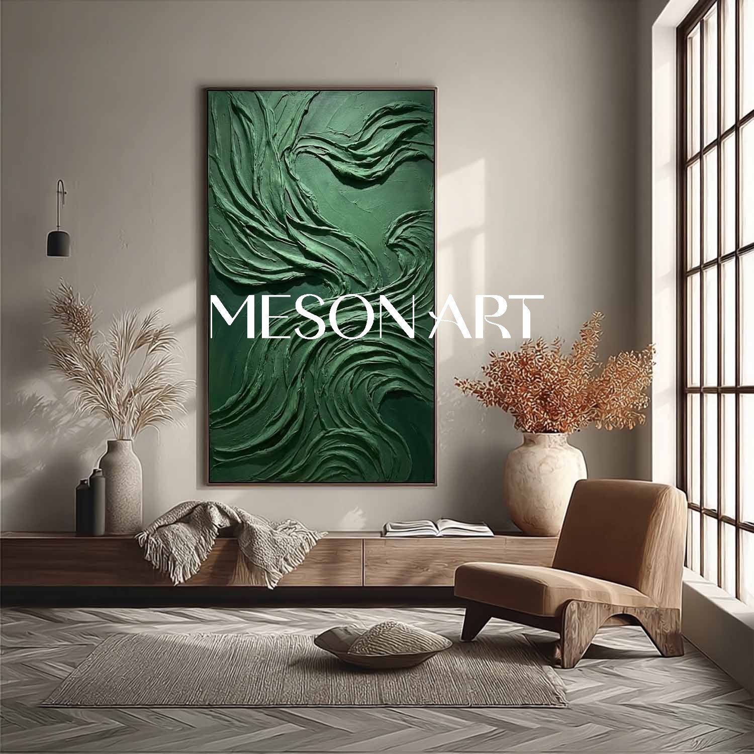 Minimalist Green Interior Decor Dark Green Wall Art Heavy Texture Painting