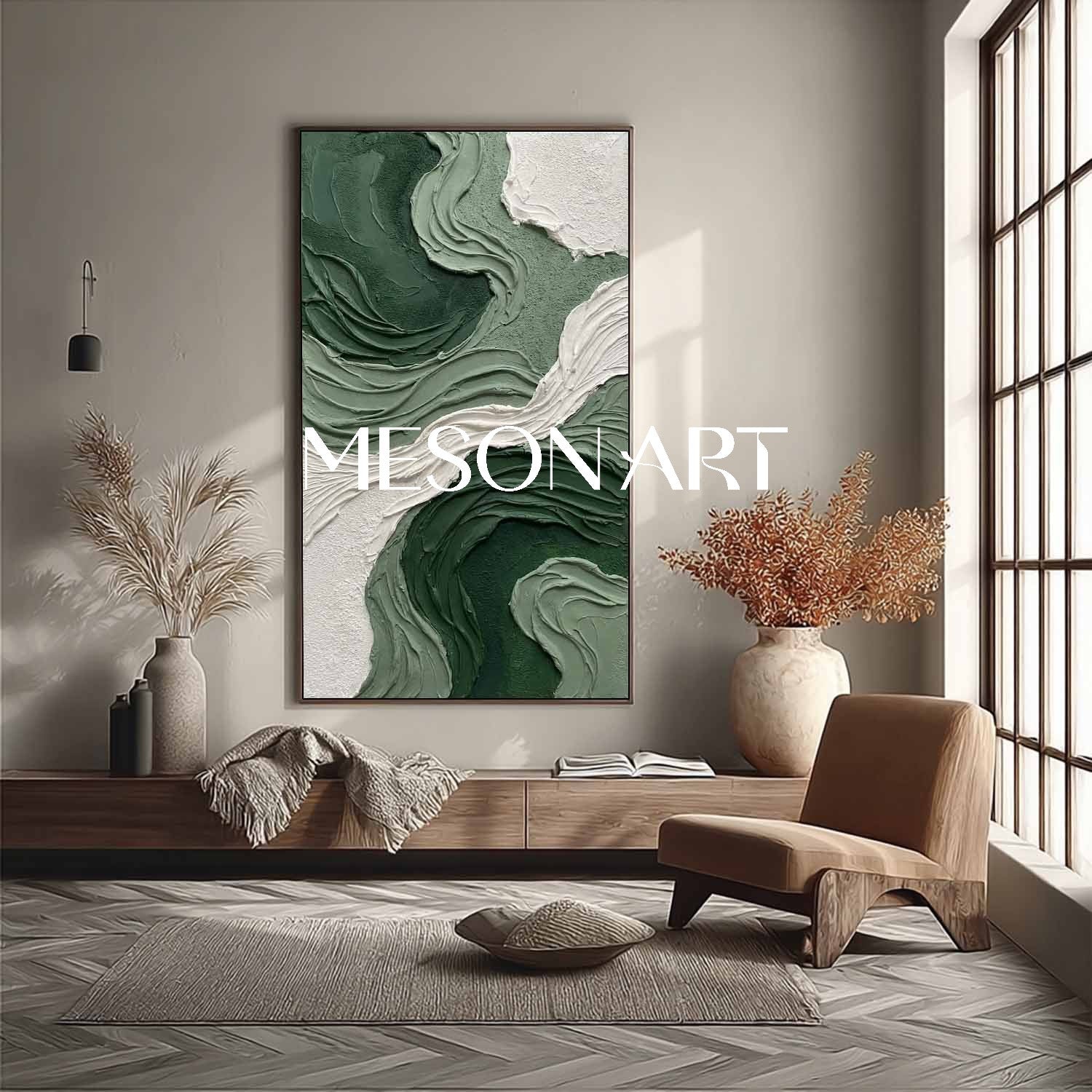 Large 3D Green Decorative Wall Art Abstract Green Textured Painting In The Dining Room.