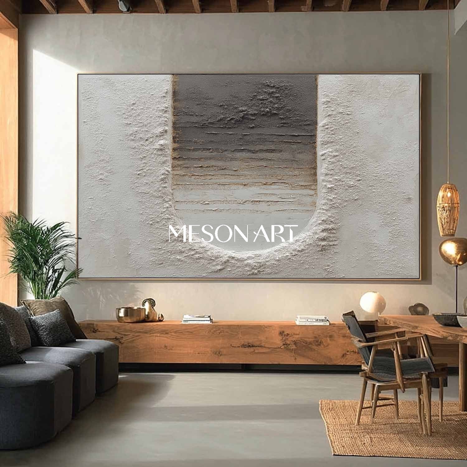 Handmade Modern Canvas Gray Painting Plaster Textured Abstract Wall Art