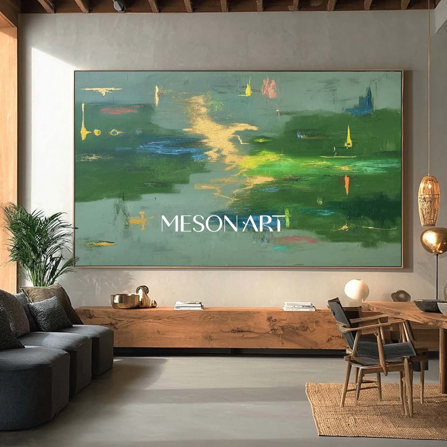 Large Abstract Green Painting Contemporary Colorful Wall Art Entryway