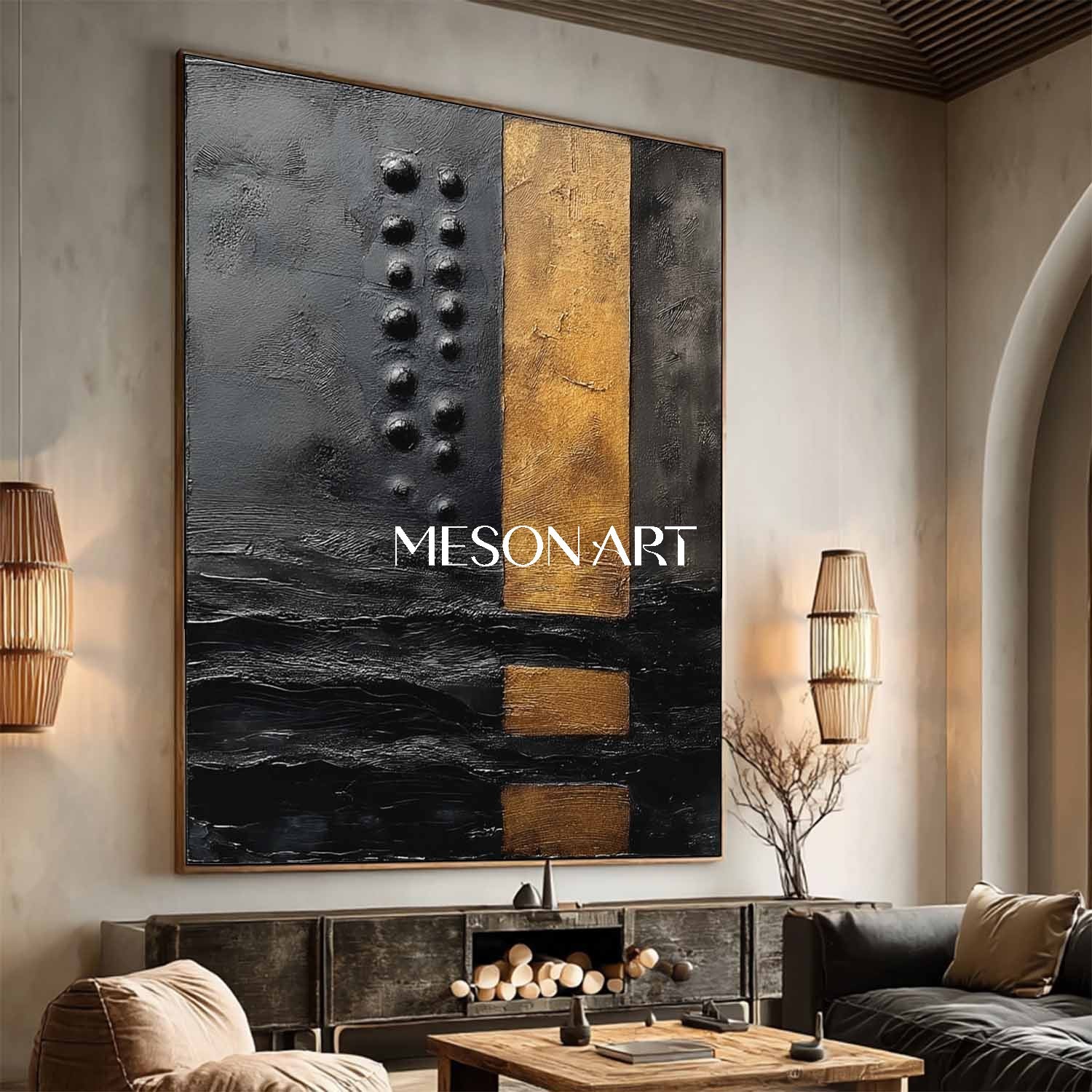 Large Black and Gold Abstract Textured Oil Painting for Living Room