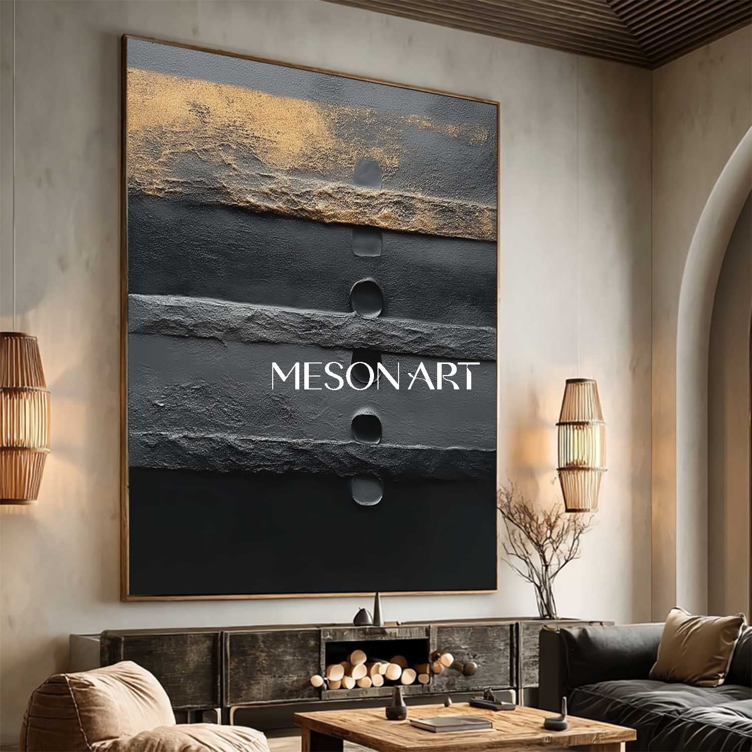 Buy Large Impasto Black Abstract Oil Painting for Living Room Wall Art