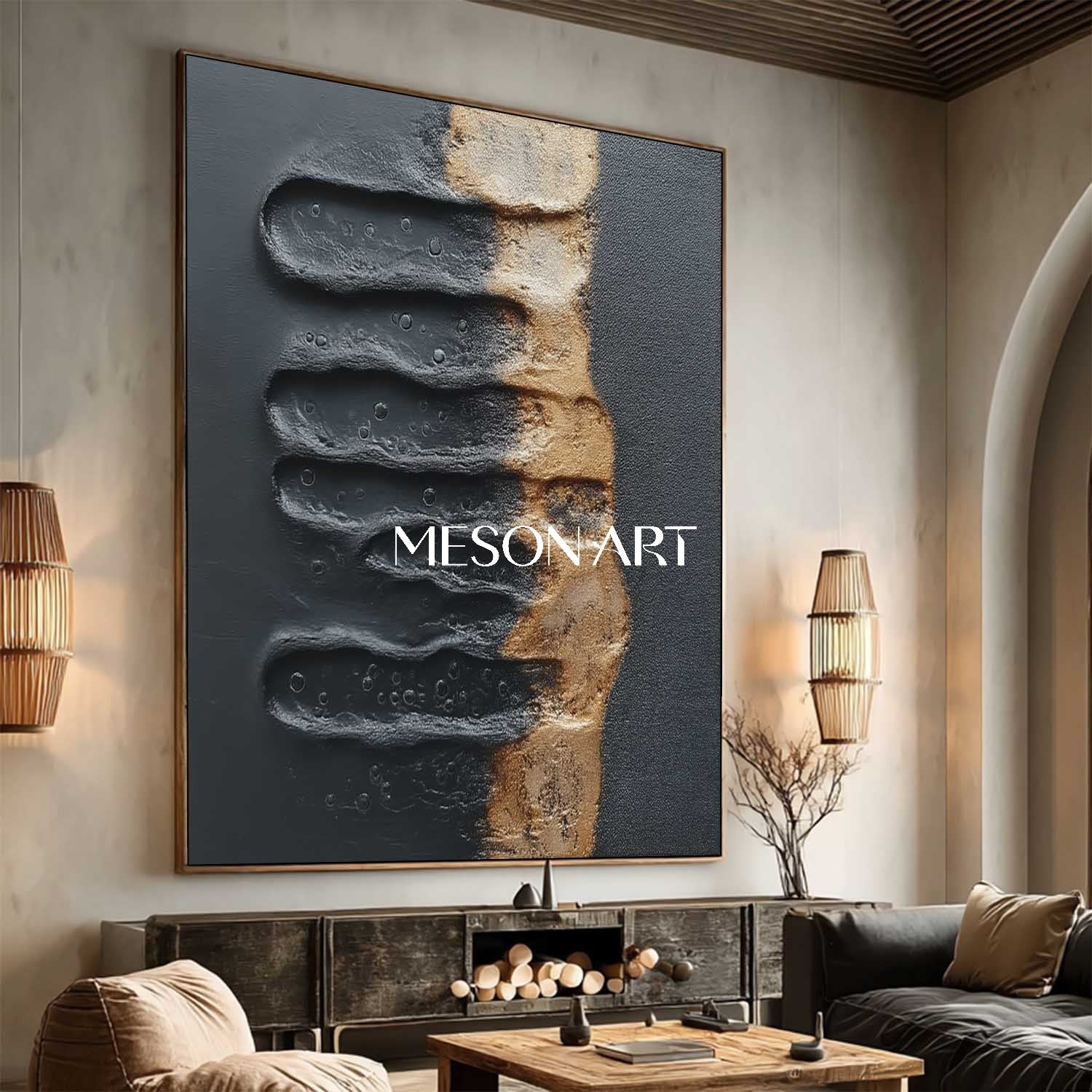 Buy Black and Gold Textured Abstract Art for Living Room or Entryway