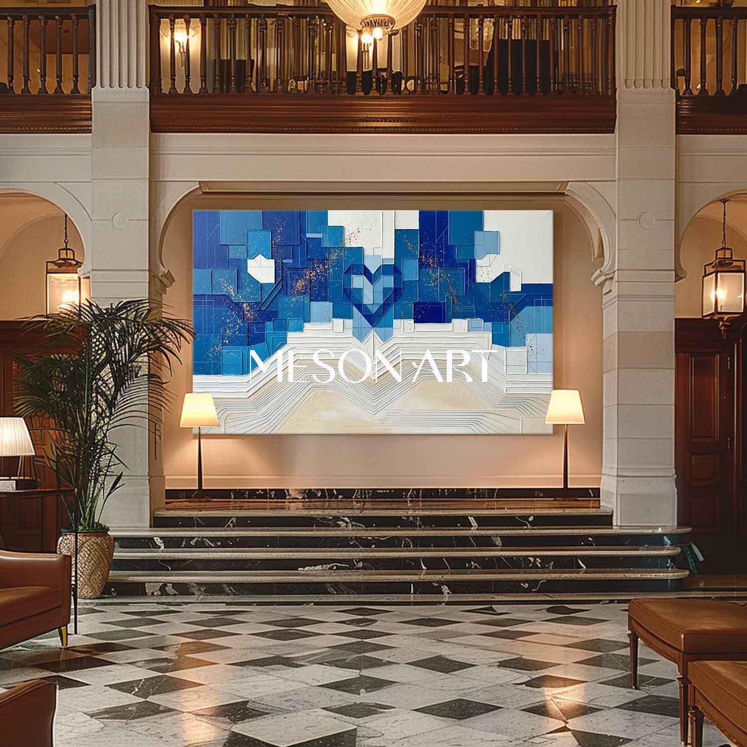 Modern Large Framed Blue and Beige Textured Geometric Heart Wall Art | 3D Plaster Canvas Painting for Living Room | MesonArt