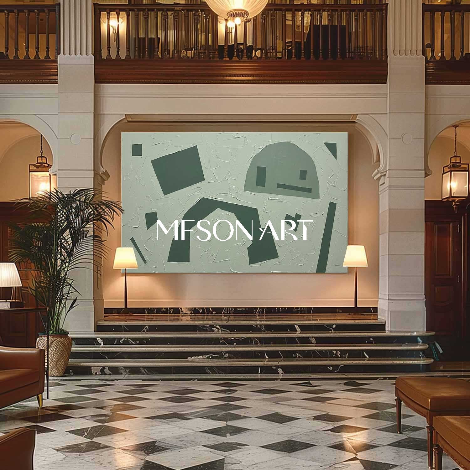 Tonal Sage Framed Painting Panoramic Green Geometric Canvas Above Sofa Abstract Wall Decor