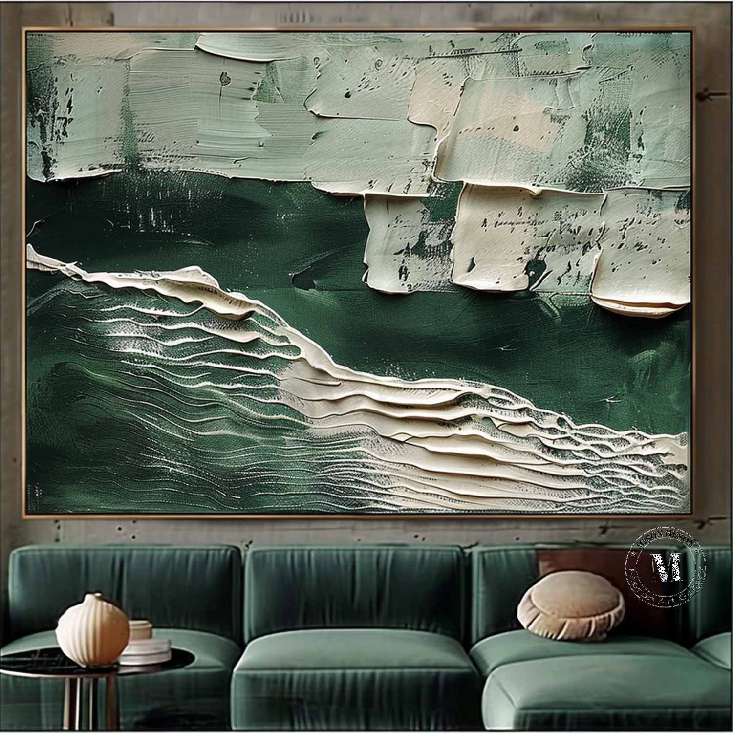 Large White and Green Abstract Wall Art for Sale White Minimalist Textured Canvas Painting