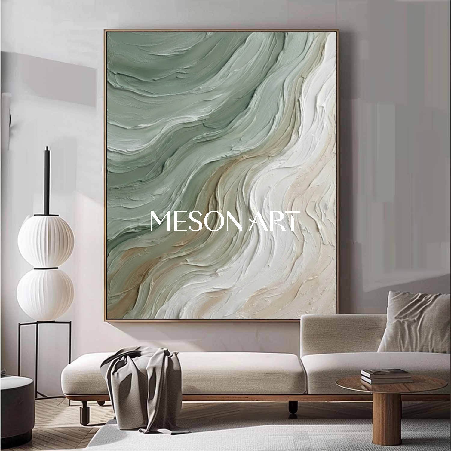 Large White And Green Wave Canvas Wall Painting Minimalist Wave Wall Art Decoration