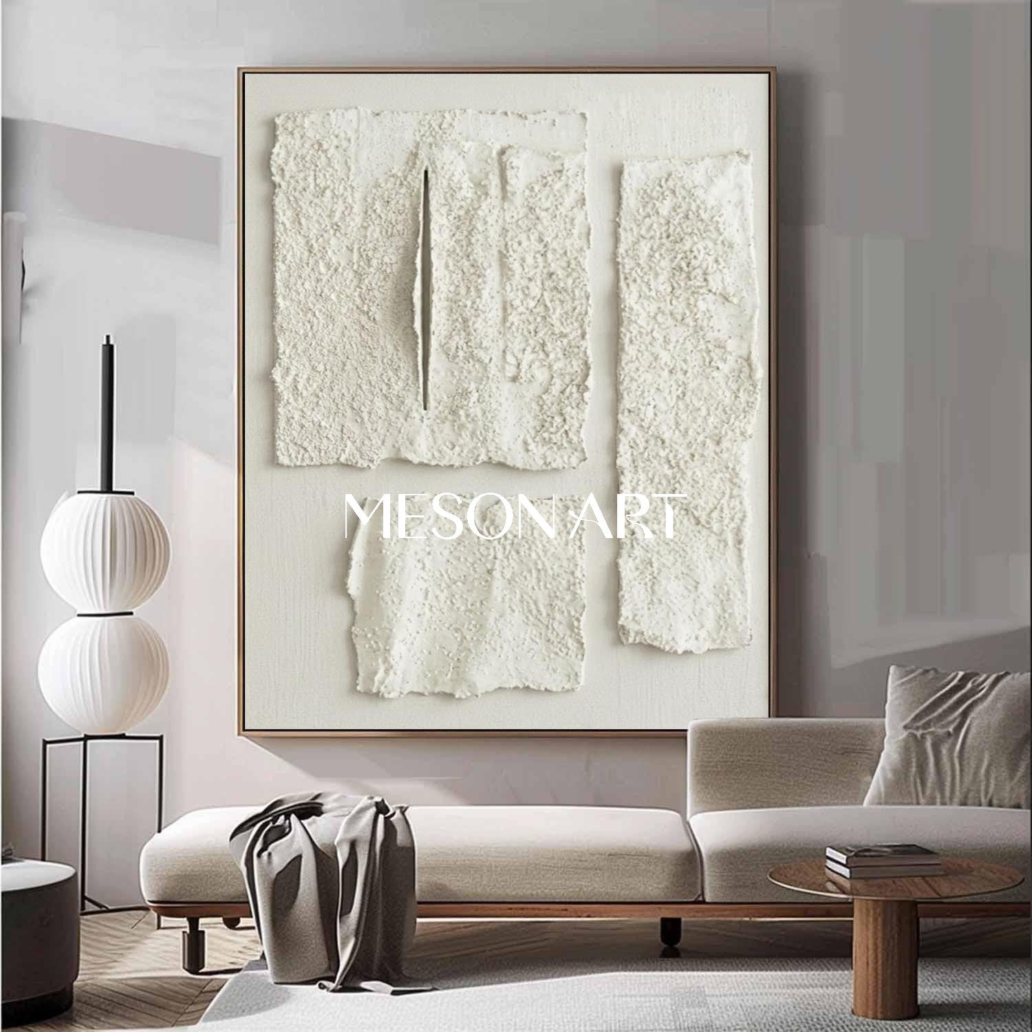 Minimalist 3D White Texture Painting Large Abstract Plaster Wall Art for Modern Homes by MesonArt