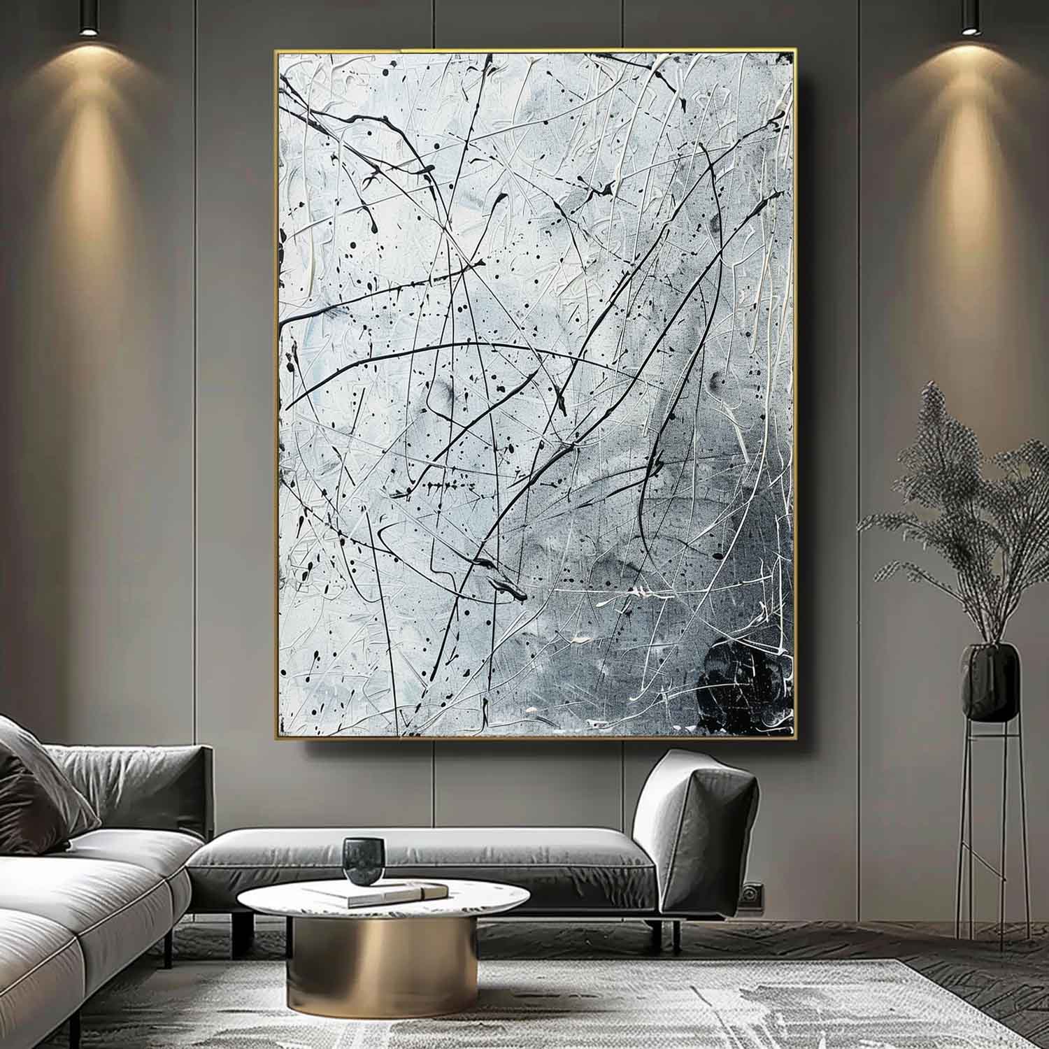 White and Black Abstract Line Art on Canvas White and Black Abstract Canvas Wall Painting