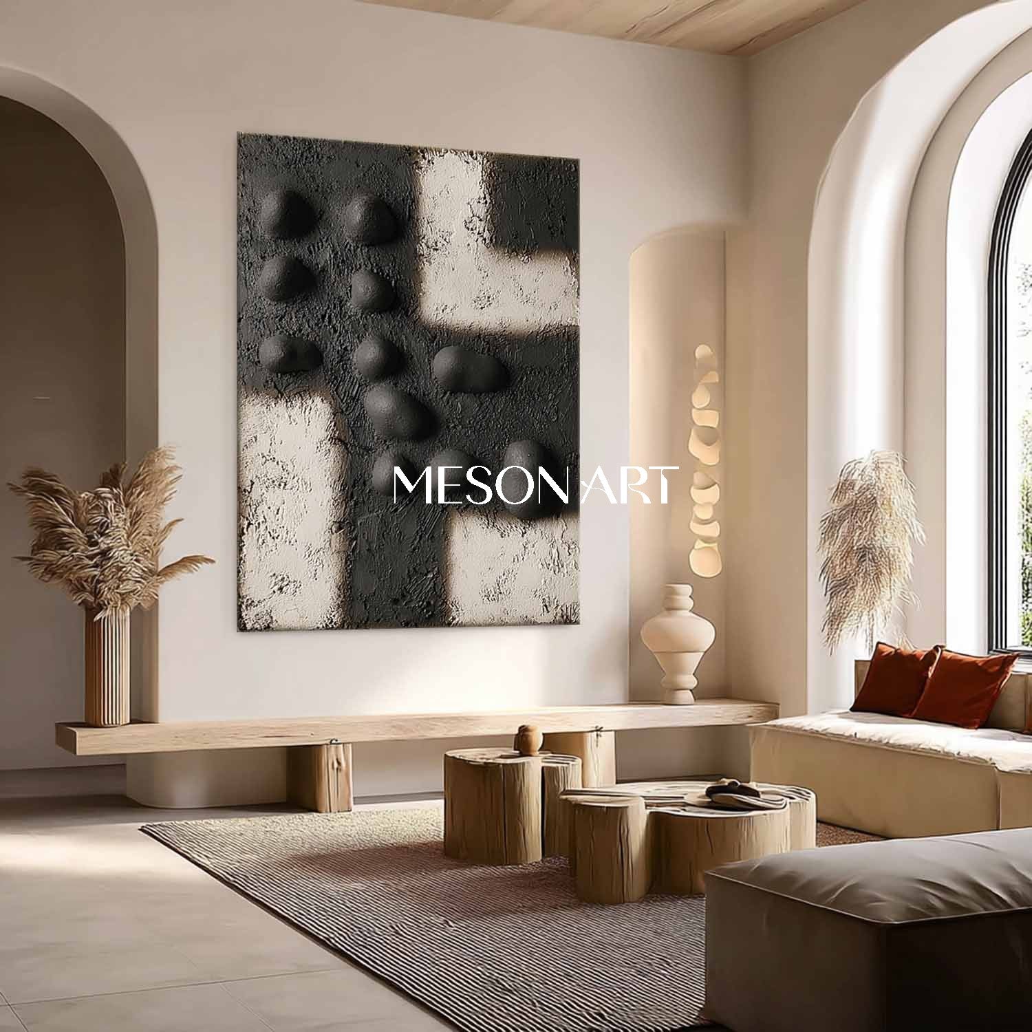 Modern Black & White 3D Wall Art – Large Textured Canvas for Minimalist Living Rooms, Office Spaces