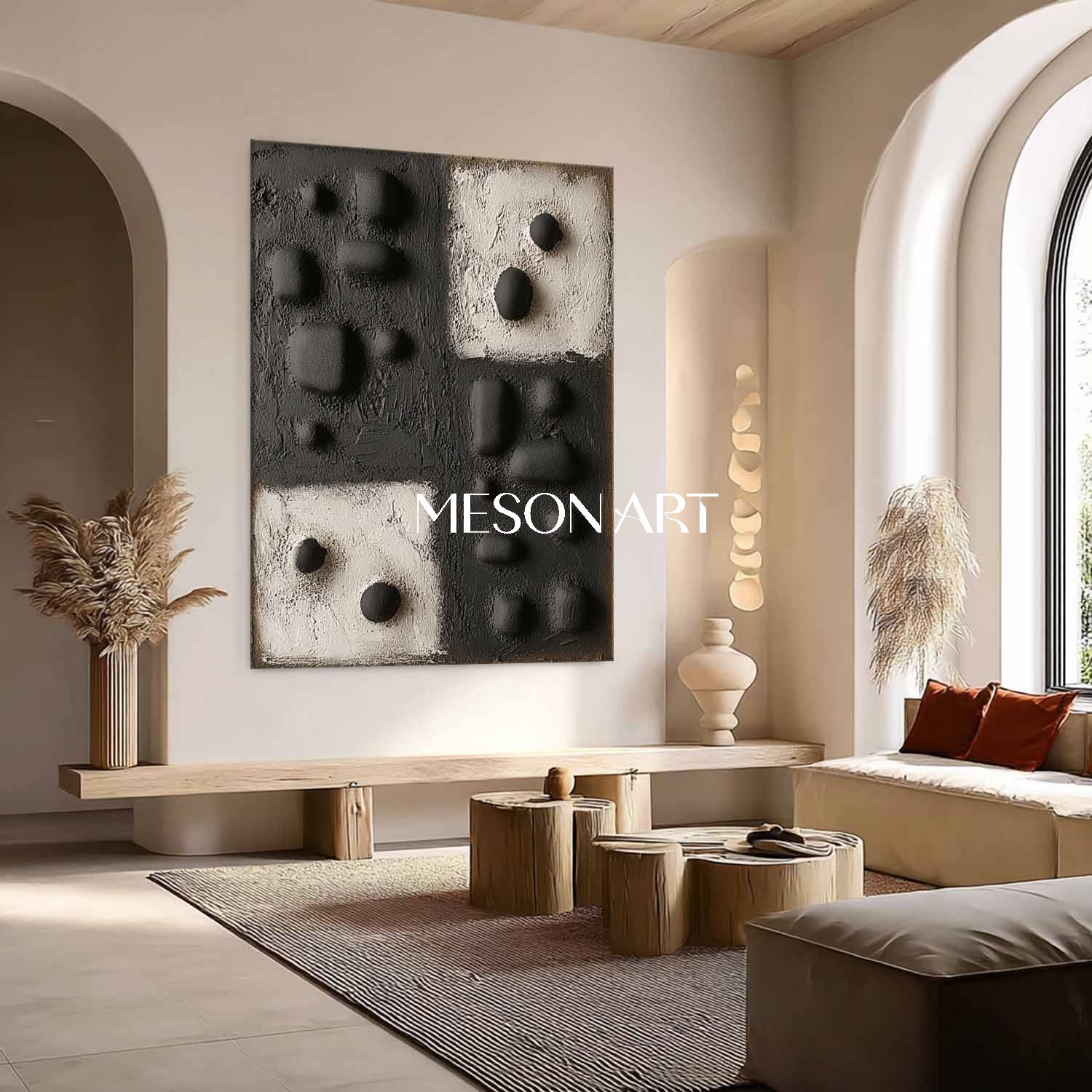 Oversized 3D Textured Abstract Painting – Black and White Canvas Artwork for Luxury Homes