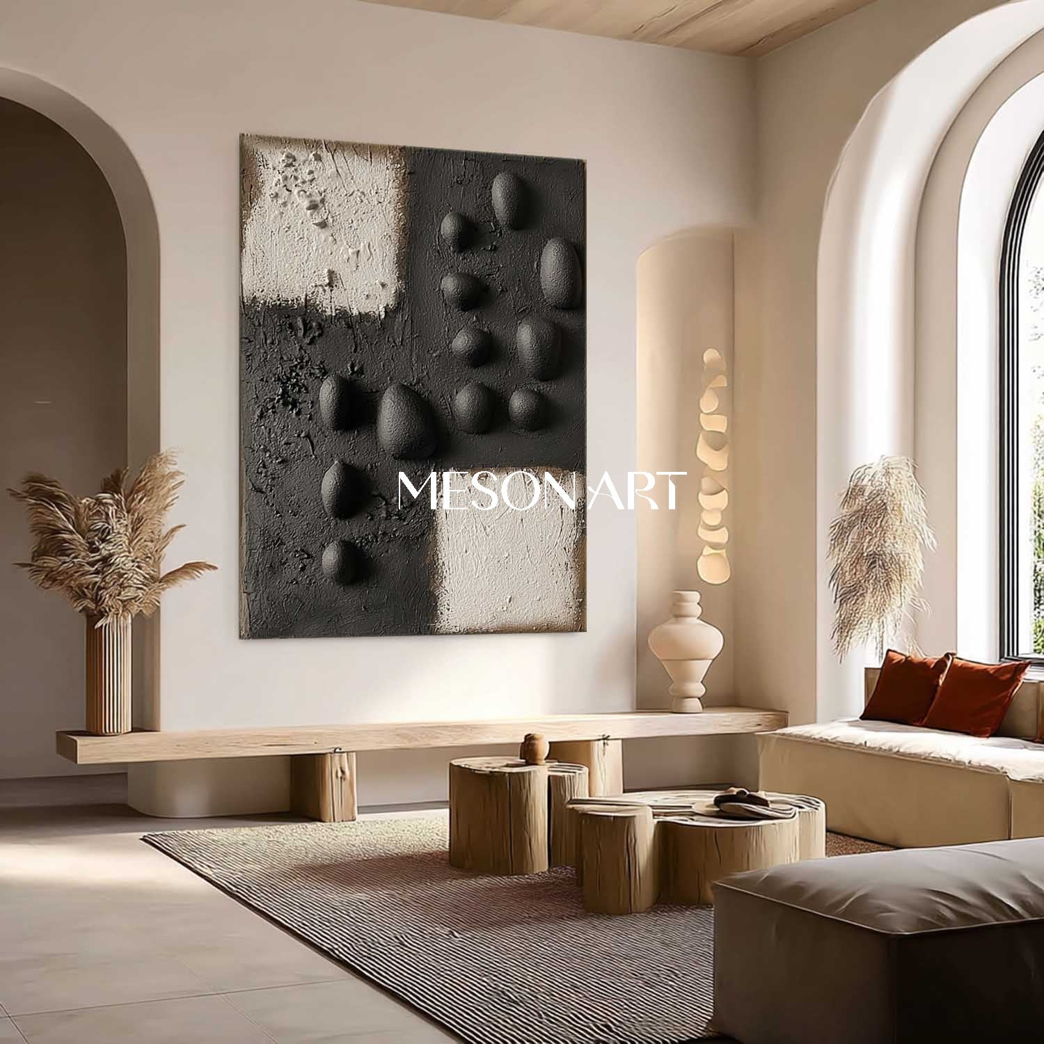 Handcrafted Monochrome 3D Texture Art – Unique Black & White Wall Accent for Modern Dining Rooms