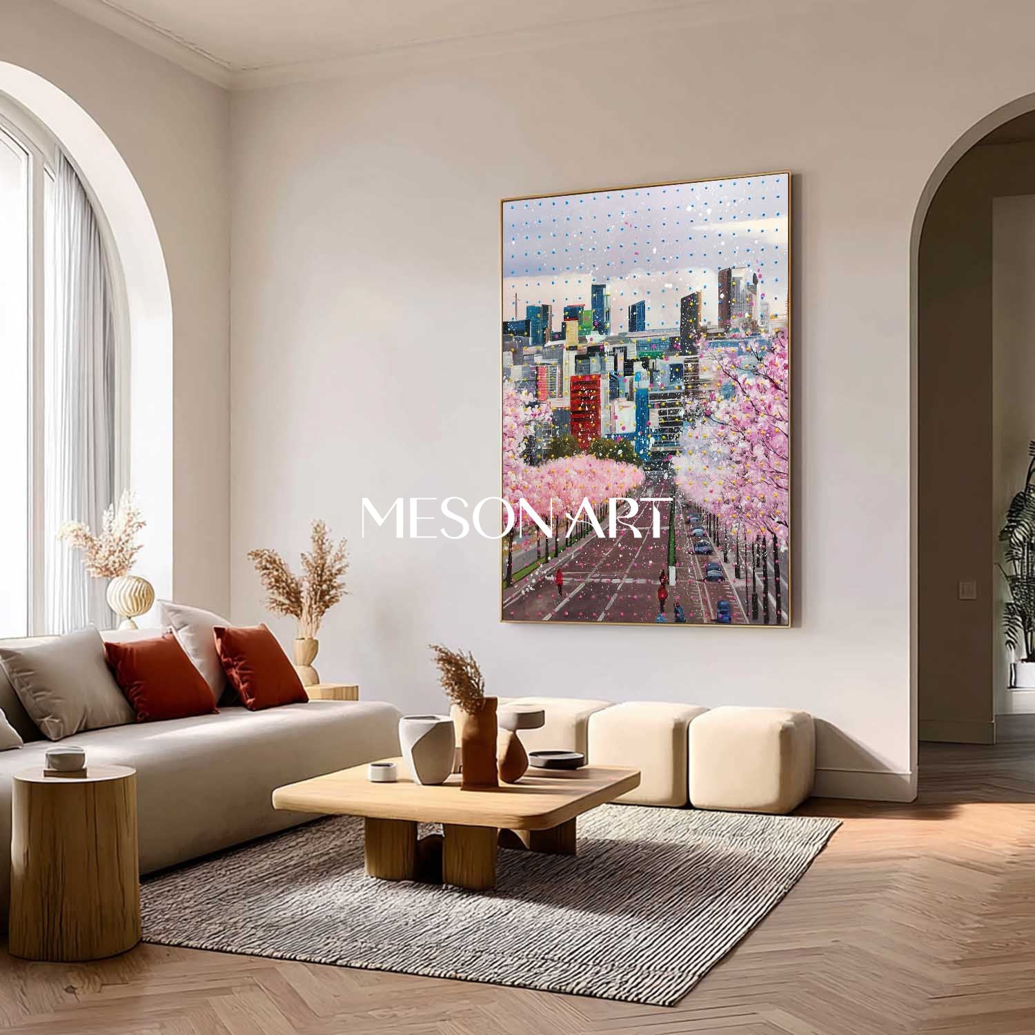 Sakura City Street Canvas Painting Contemporary Cherry Blossom Urban Wall Art