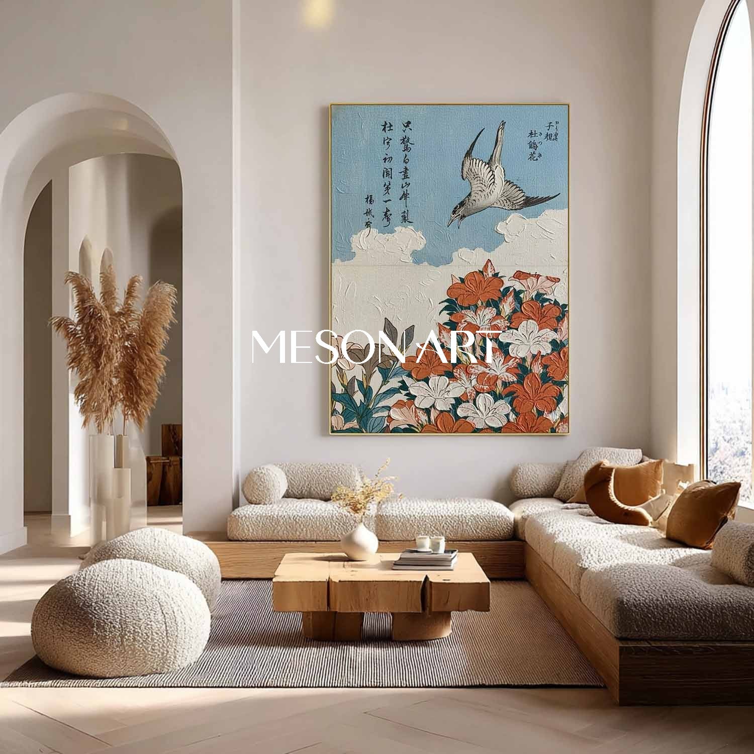 Japandi Wall Art, Textured Canvas Art, 3D Plaster Painting, Chinoiserie Decor, Bird Wall Art