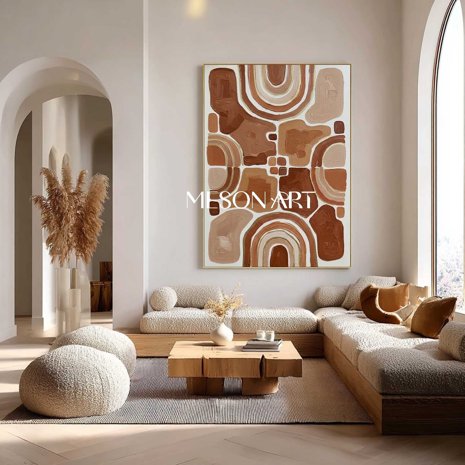 Terracotta & Beige Symmetrical Geometric Art | Boho Arch Totem Canvas Painting