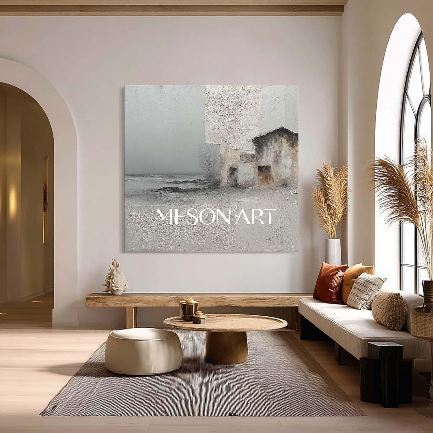 3D Light Grey Canvas Landscape Wall Painting Wabi-Sabi Abstract Painting