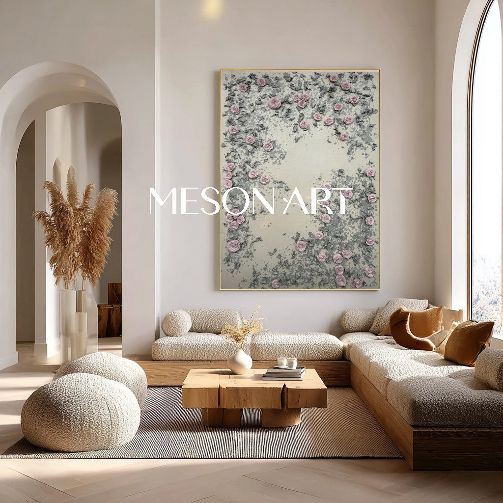 3D Pink Plaster Flowers Painting Pink 3D Floral Plaster Art on Canvas