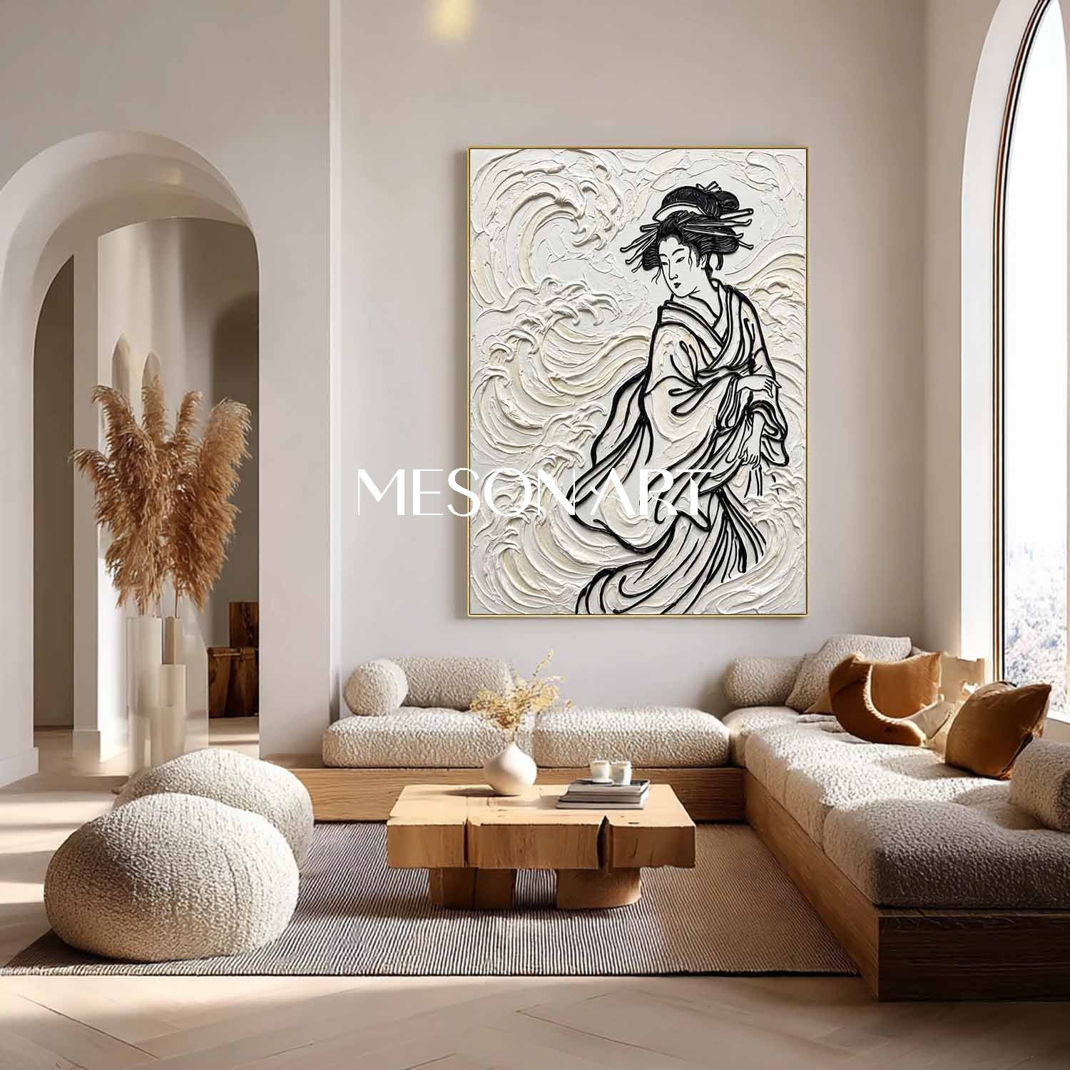 MESON ART Square 3D Textured Canvas Painting, Japanese Style Woman With Flowing Hair And Waves