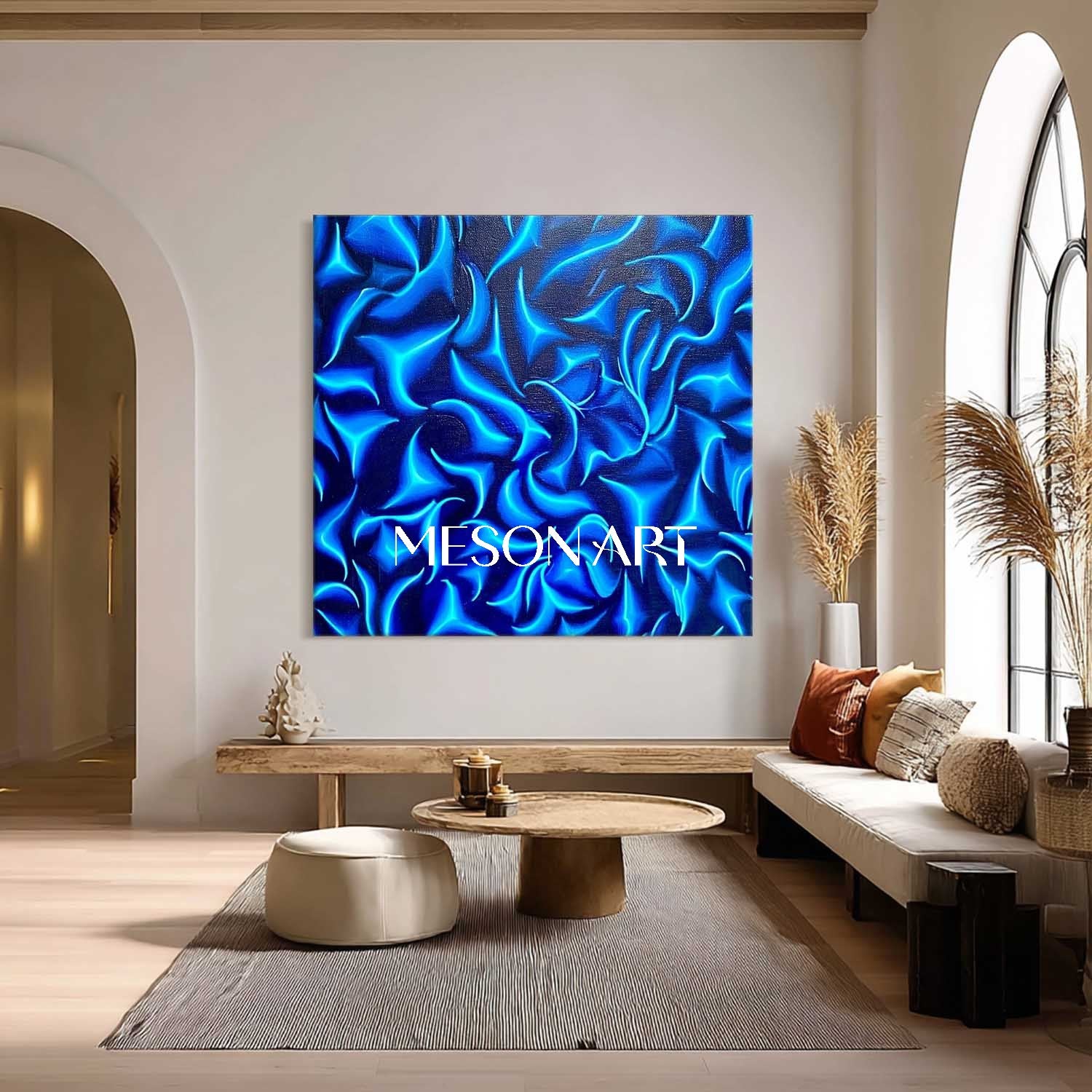 Large Blue Abstract Textured Painting Modern Wall Art for Living Room