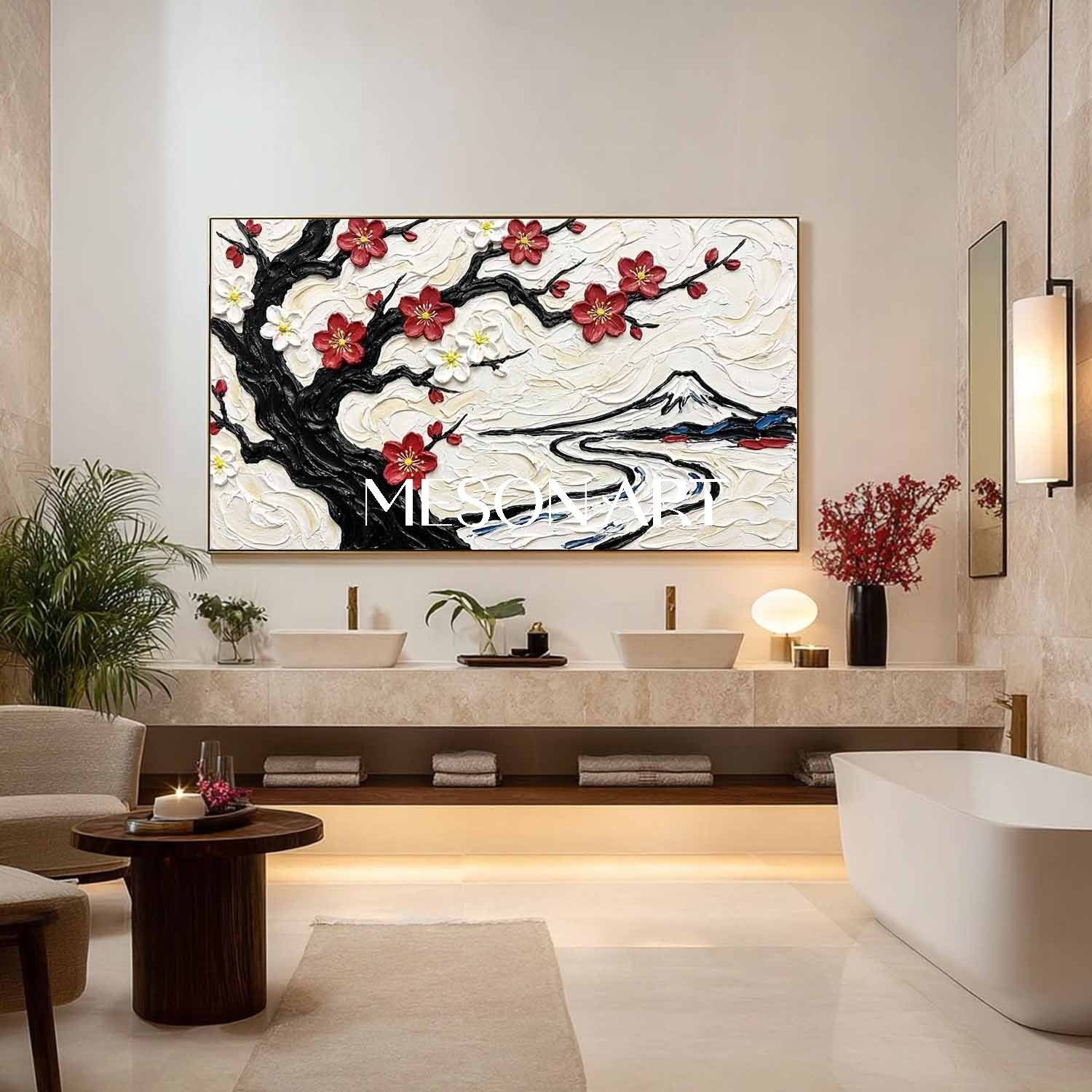 3D Textured Plum Blossom & Mount Fuji Oil Painting | Impasto Canvas Wall Art | MesonArt