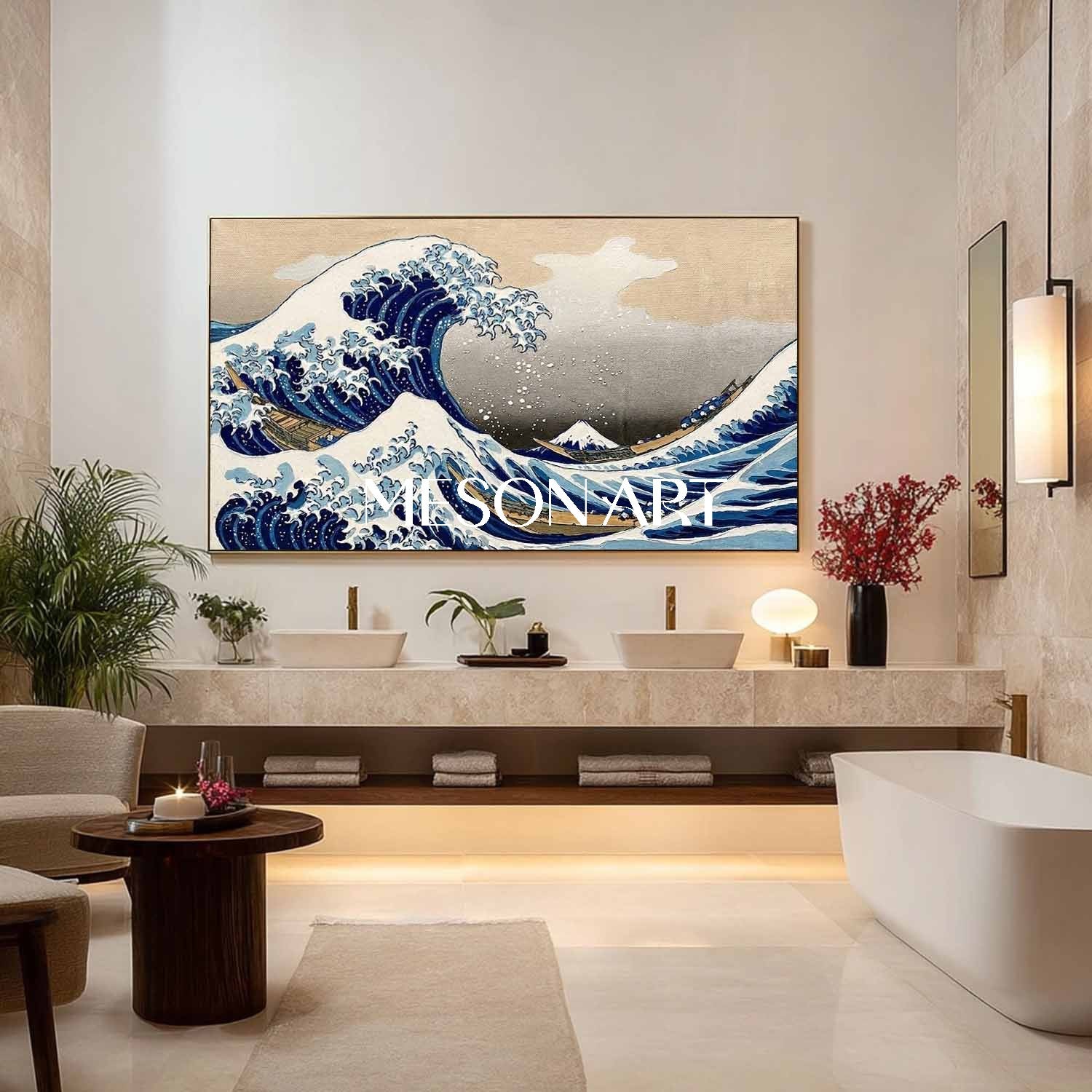 MesonArt 3D Textured Great Wave Oil Painting | Hokusai Reproduction Canvas Wall Art | Gold Framed Japandi Decor