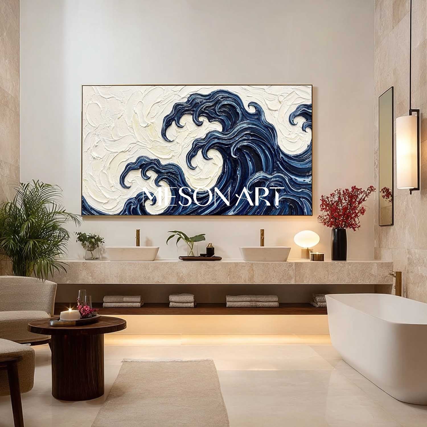 Large 3D Textured Great Wave Oil Painting On Canvas | Abstract Blue Ocean Impasto Wall Art | Handmade Hokusai Style Plaster Coastal Decor For Living Room | MesonArt