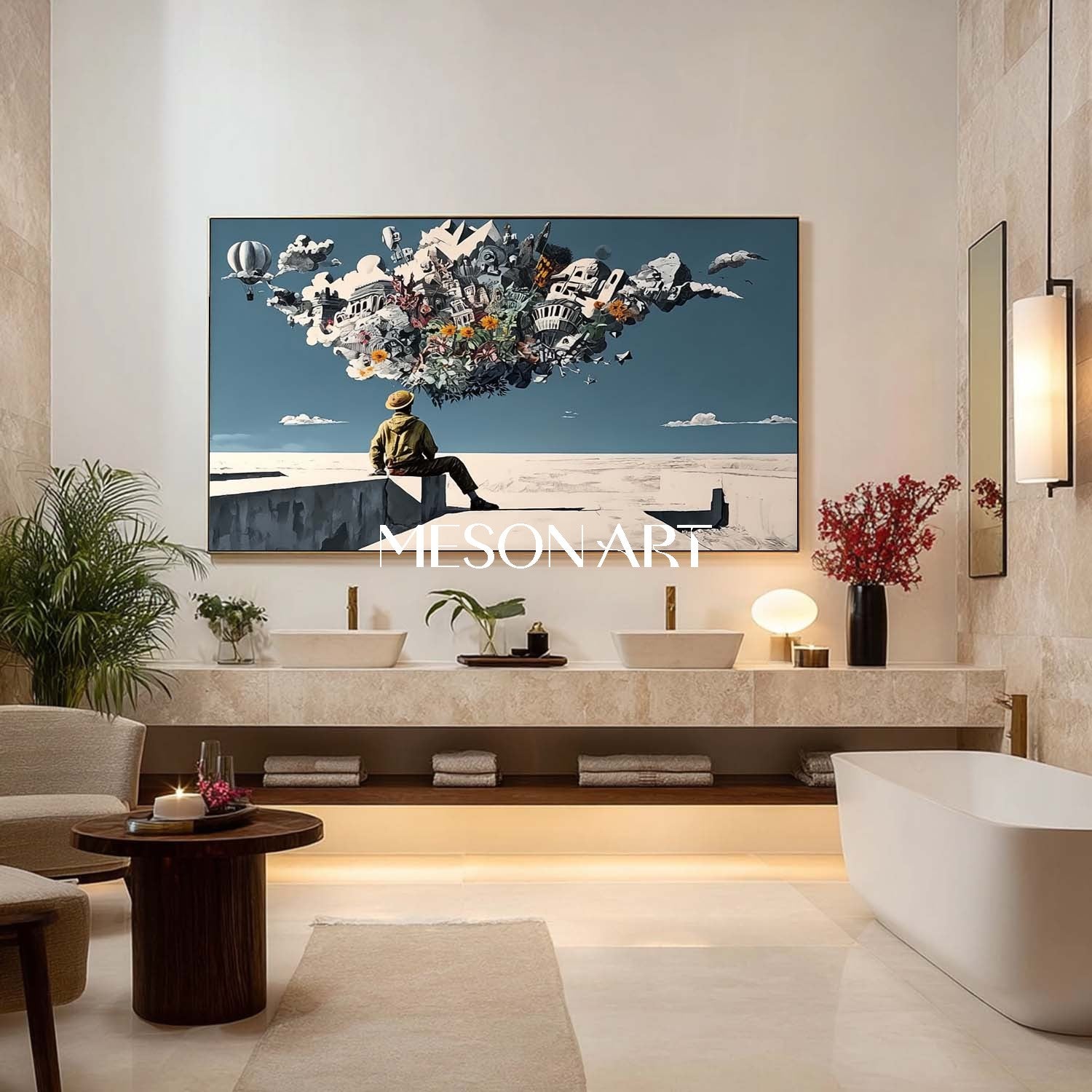 Surreal Boy and City Wall Art Floating City Balloons Painting Funny Surrealism Urban Scene