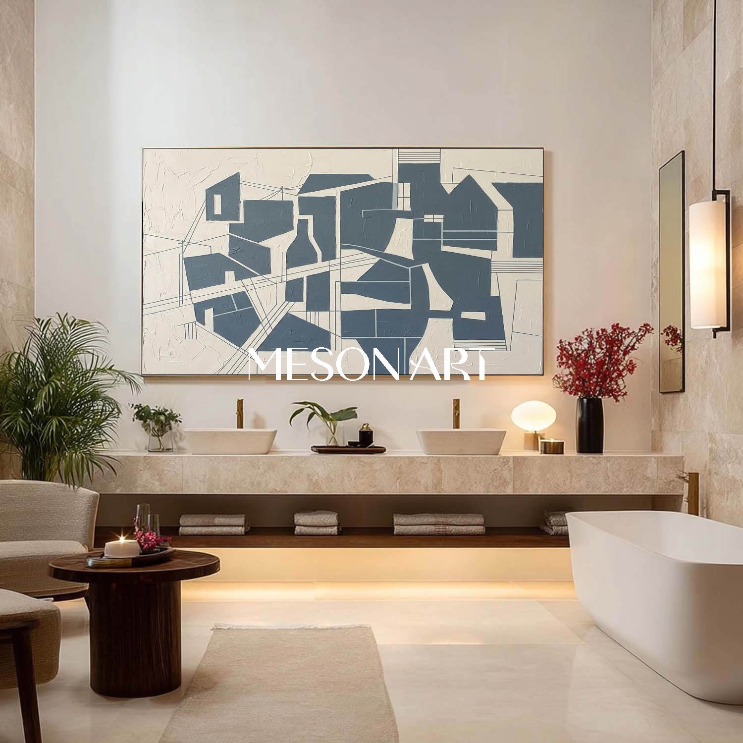Navy Blue Abstract Painting MesonArt | Modern Navy Geometric Textured Canvas Wall Art