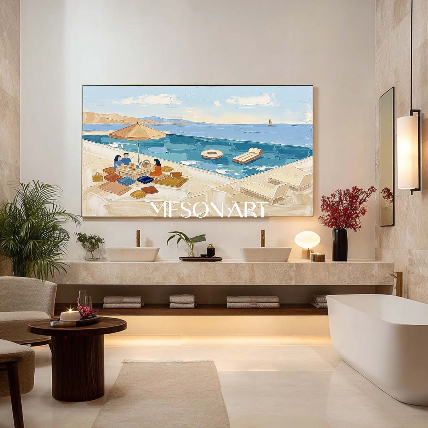 Coastal Pool Picnic Impasto Painting Textured Wall Art Summer Coastal Resort Living Room Bedroom Decor
