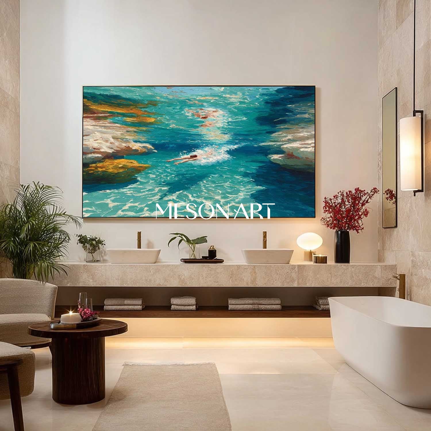 Ocean Swimming Painting Modern Pool Wall Decor Sunny Poolside Canvas Art