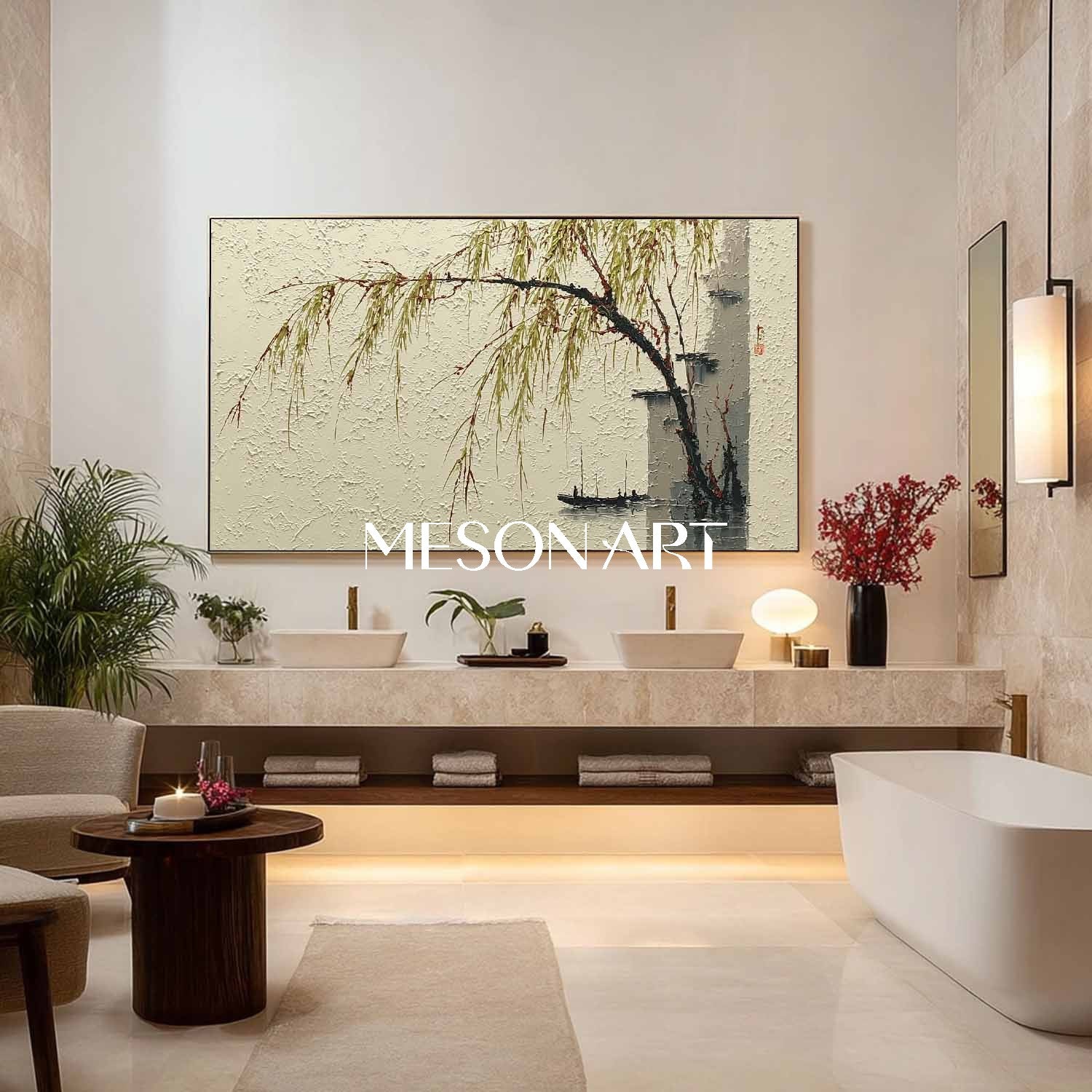 Minimalist Willow Landscape in Ink-Wash Style – Framed Wall Art | Mesonart